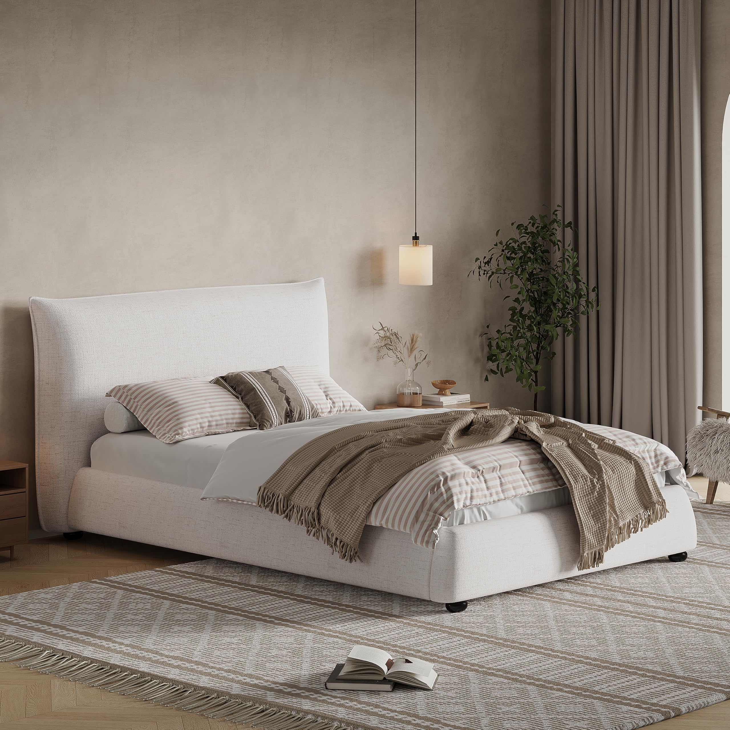 Merax Modern Upholstered Platform Bed with Linen Pillow-Back Headboard, Twin Size Wood Floor Bed Frame with High Wingback, No Box Spring Needed, Easy Assemble, Beige