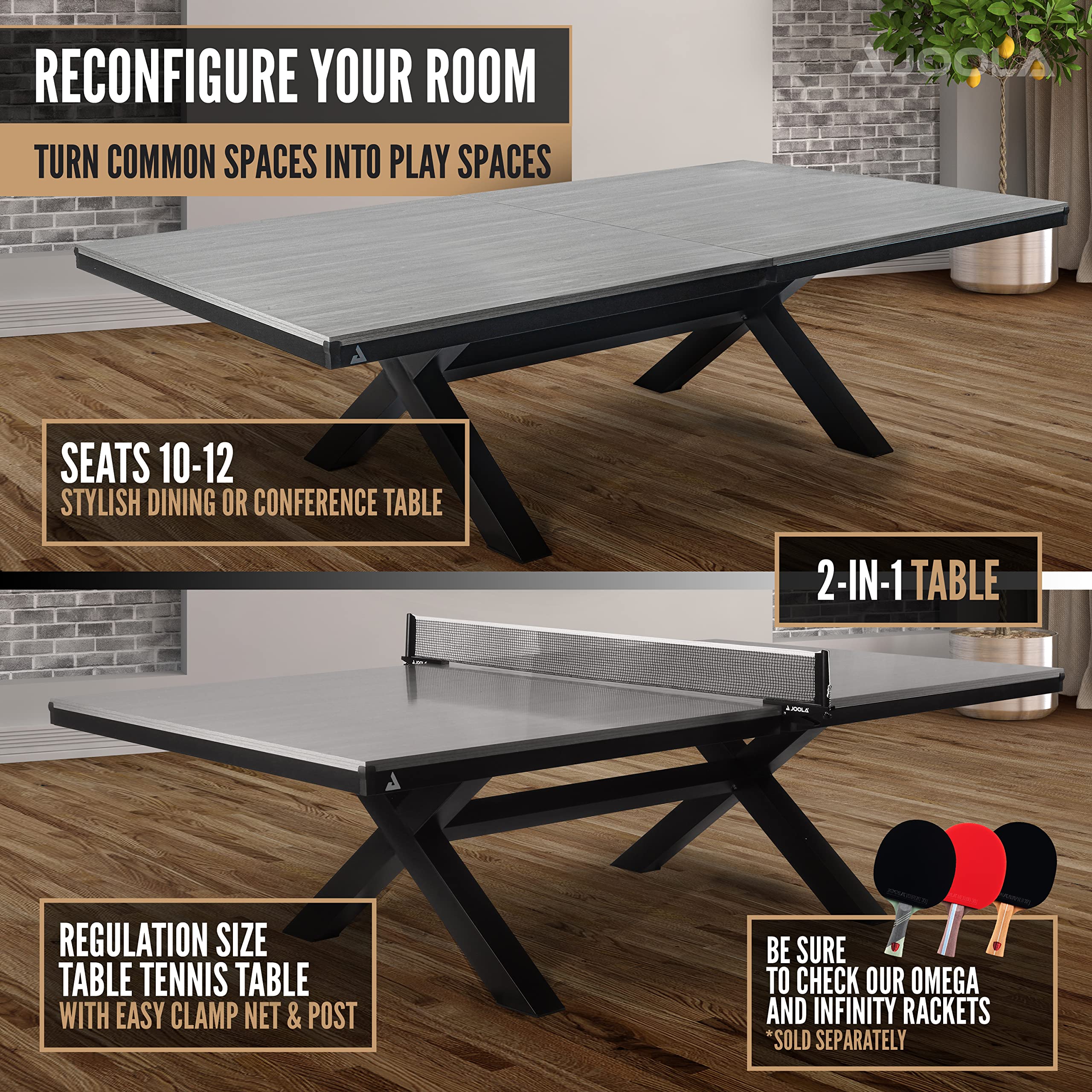 JOOLA Brighton Indoor Table Tennis Table - Ping Pong Table, Conference Table, Dining Table Combo - Game Table for Indoor Games, Regulation Size Ping Pong Table with Ping Pong Net, Seats 10-12
