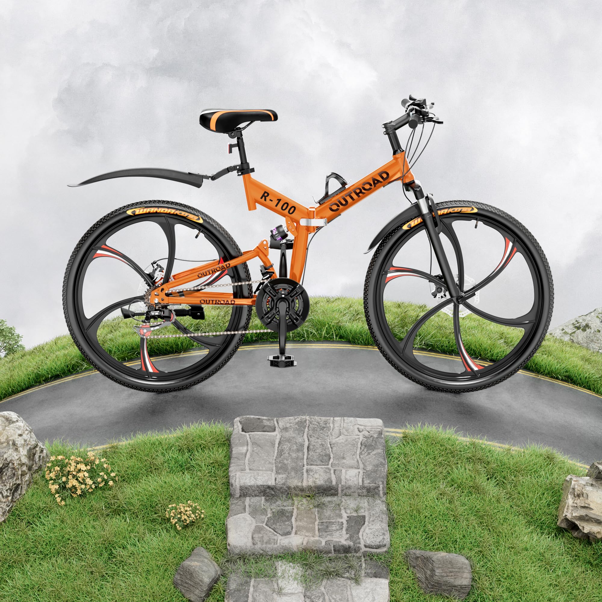 Outroad 26 Inch Folding Mountain Bike, 21 Speed Full Suspension High-Carbon Steel MTB Foldable Bikes, Dual Disc Brake Non-Slip Folding Bicycle for Adults/Men/Women, 26 inch-Orange