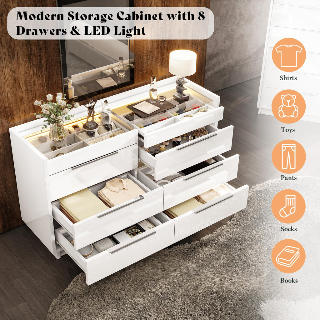 AMERLIFE 47.2" W 8 Drawer Dresser with LED Light & Glass Top, Modern High Gloss Storage Chest with 2 Jewelry Drawers, Storage Organizer for Bedroom, White
