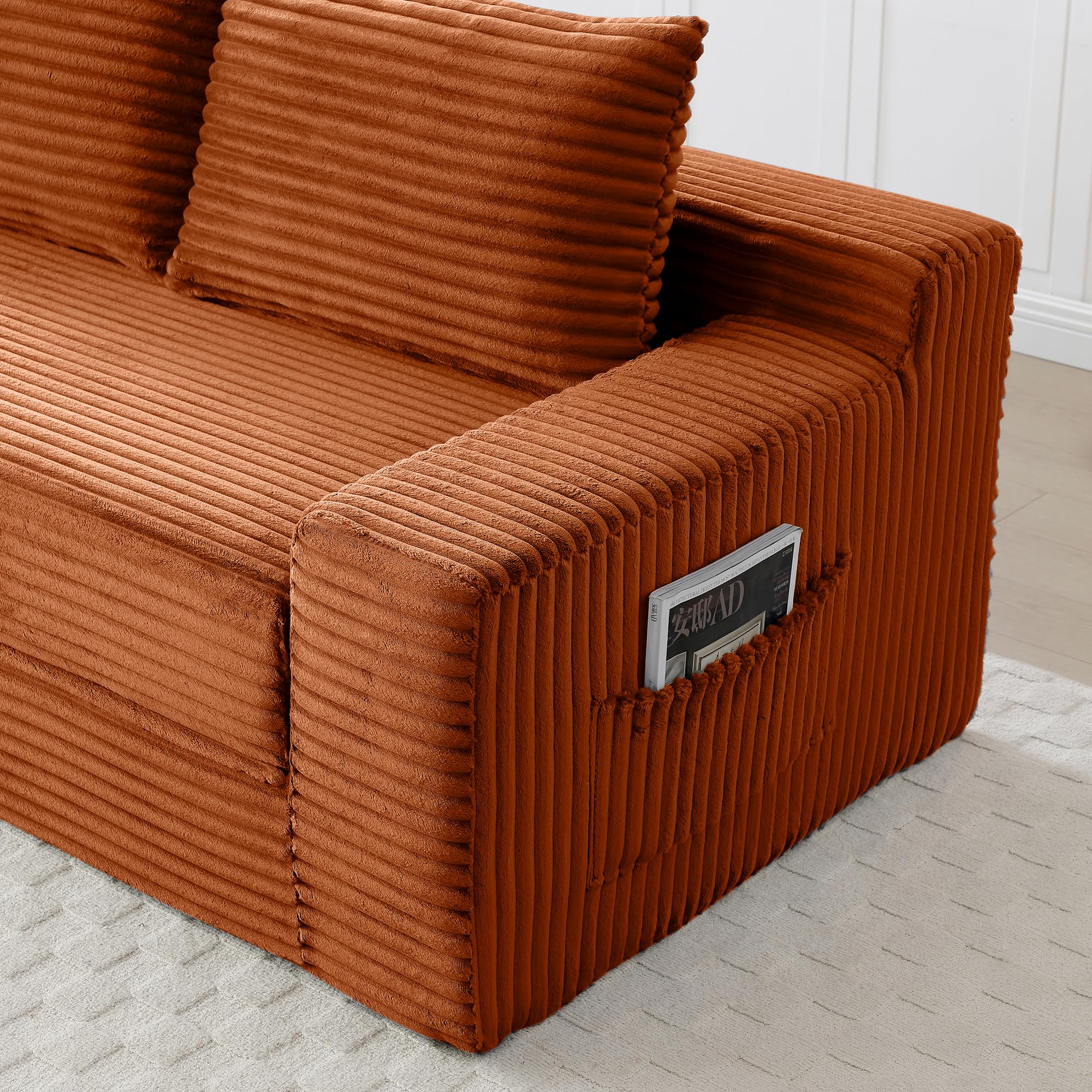 Zyerch 73" Convertible Sofa Bed, 2 in 1 Corduroy Folding Couch with Pillows, No Assembly Boneless Compression Sofa in Box, Loveseat with Side Storage Pocket for Apartment, Living Room, Orange