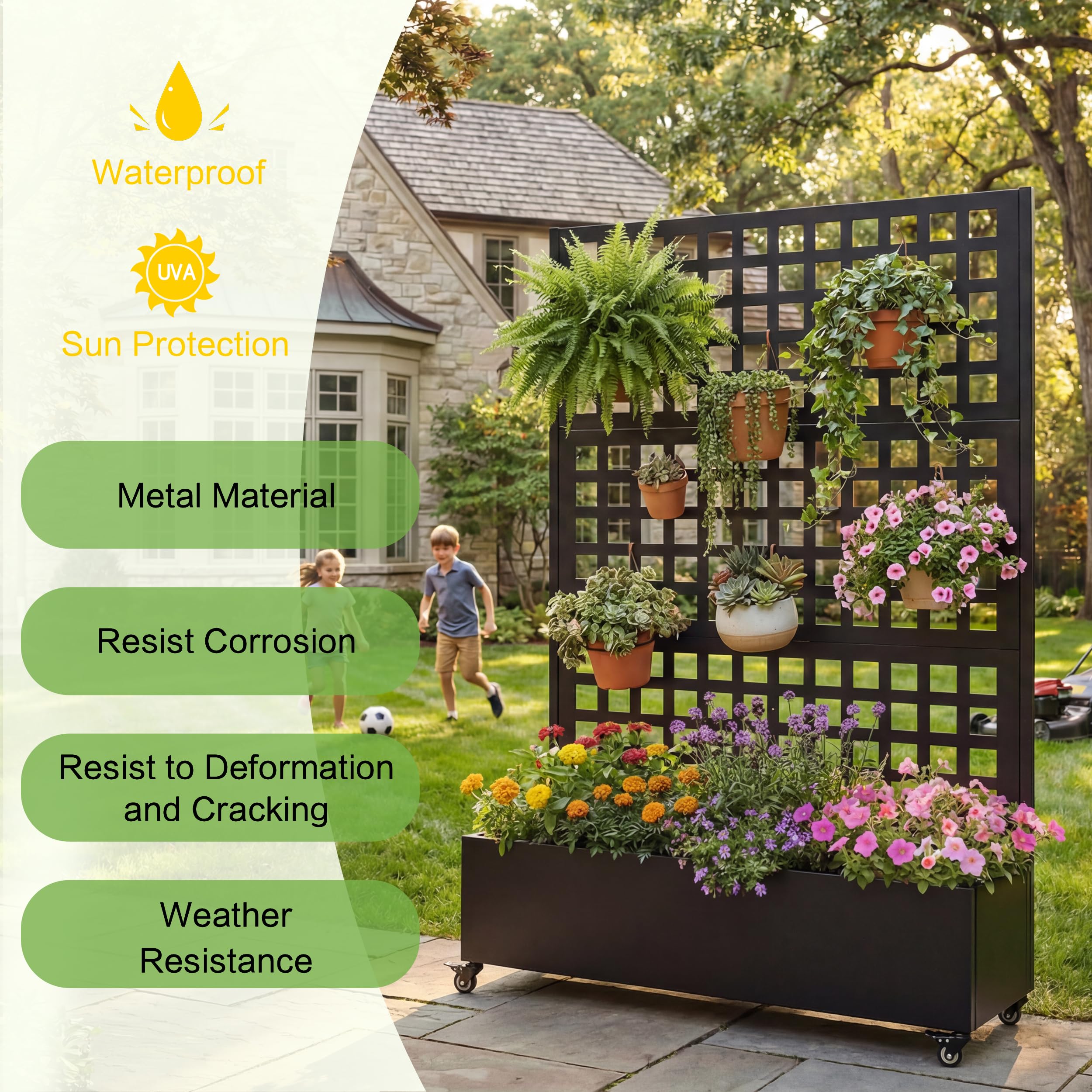 KEIKI 73"x47"x16" Planter Trellis Box with Wheels, Metal Outdoor Resin Raised Garden Bed for Climbing Plants, Large Weather-Resistant Design, Black