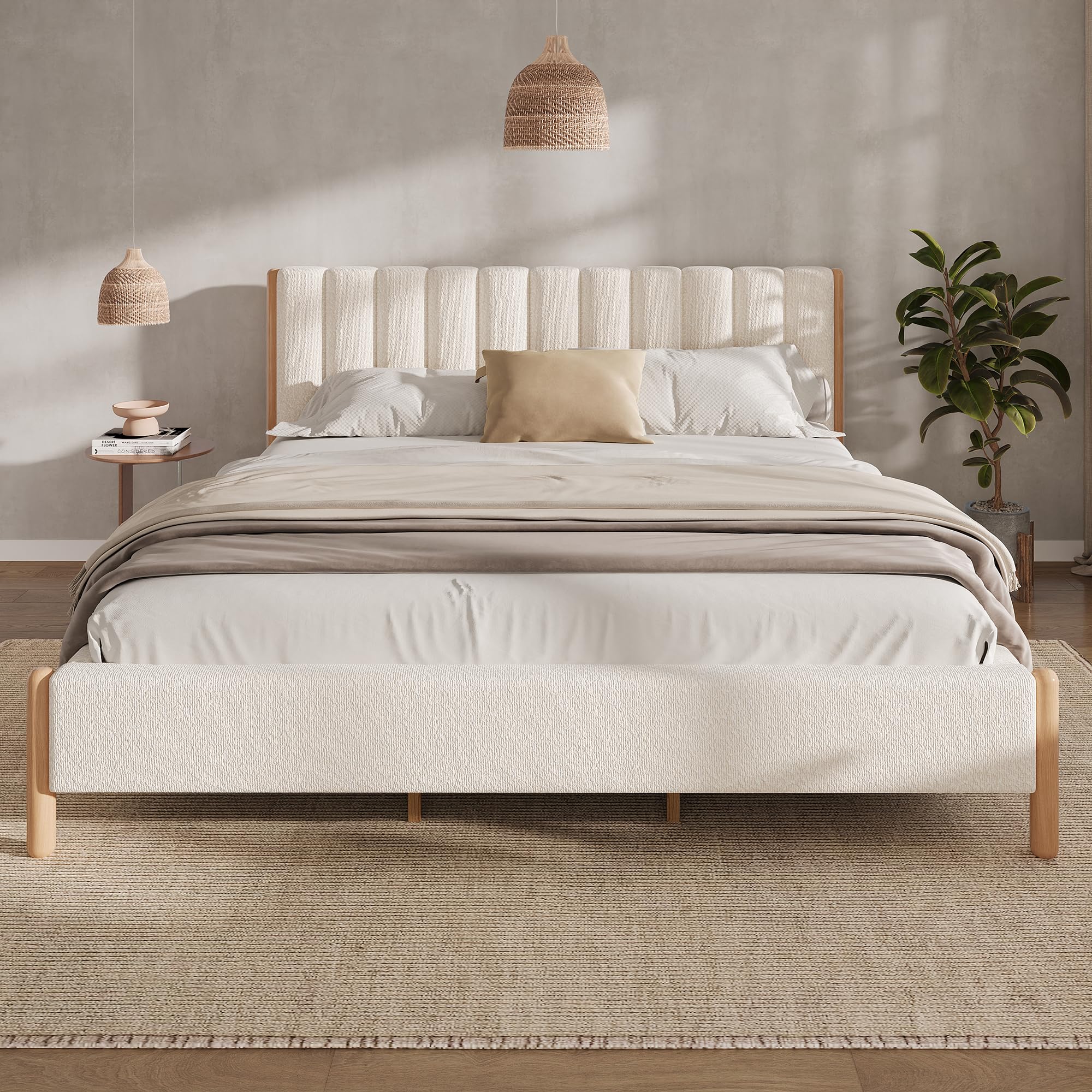 Merax King Size Bed Frame with Boucle Upholstered Thick Headboard, Solid Wooden Legs, No Box Spring Needed, for Bedroom Apartment, White