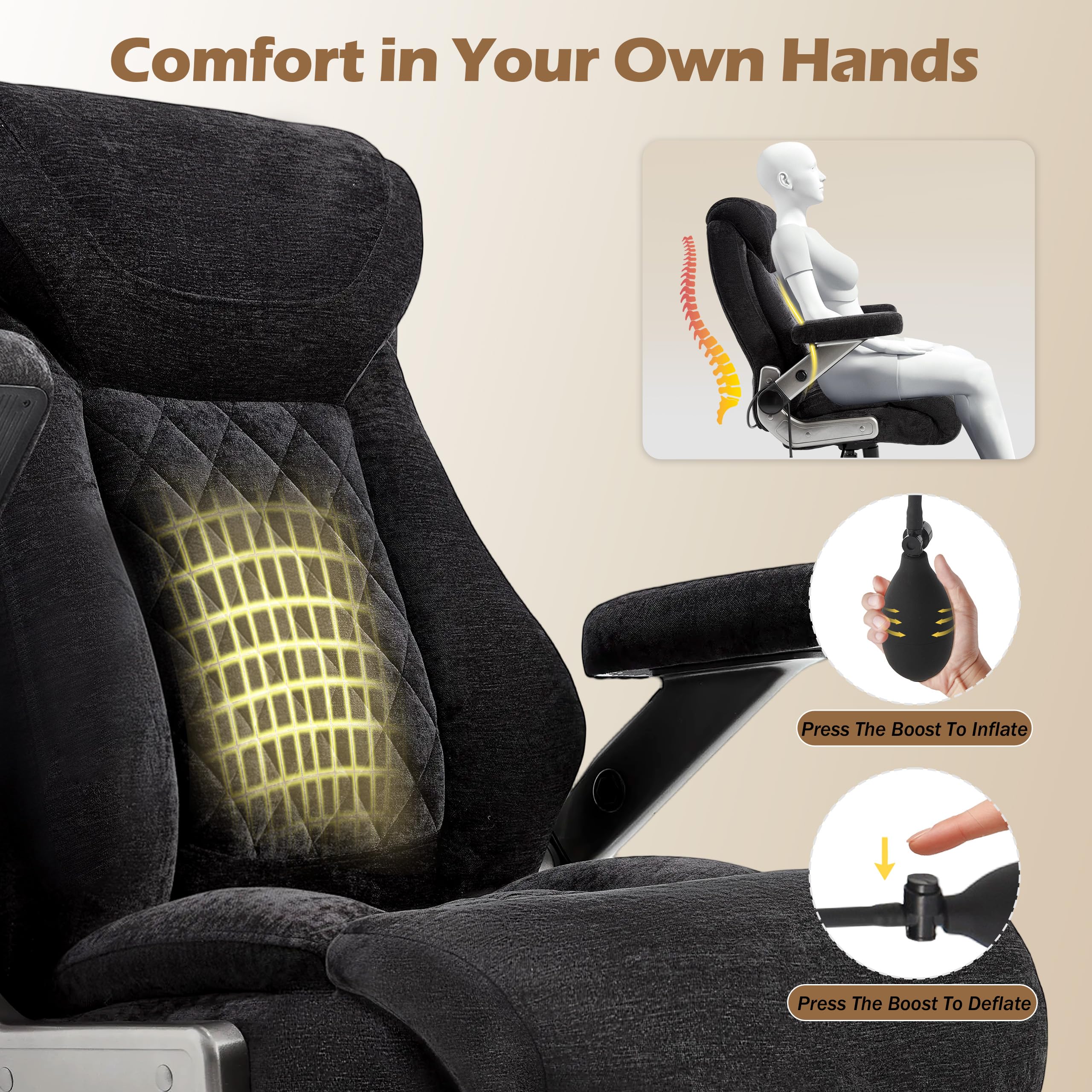 Fabric 700lbs Big and Tall Office Chair, Ergonomic Heavy Duty Executive Cloth Office Chair with 5D Flip Arms & Adjustable Lumbar Support & Dual Rubber Wheel, Large Thick Padded Extra Wide Seat, Black