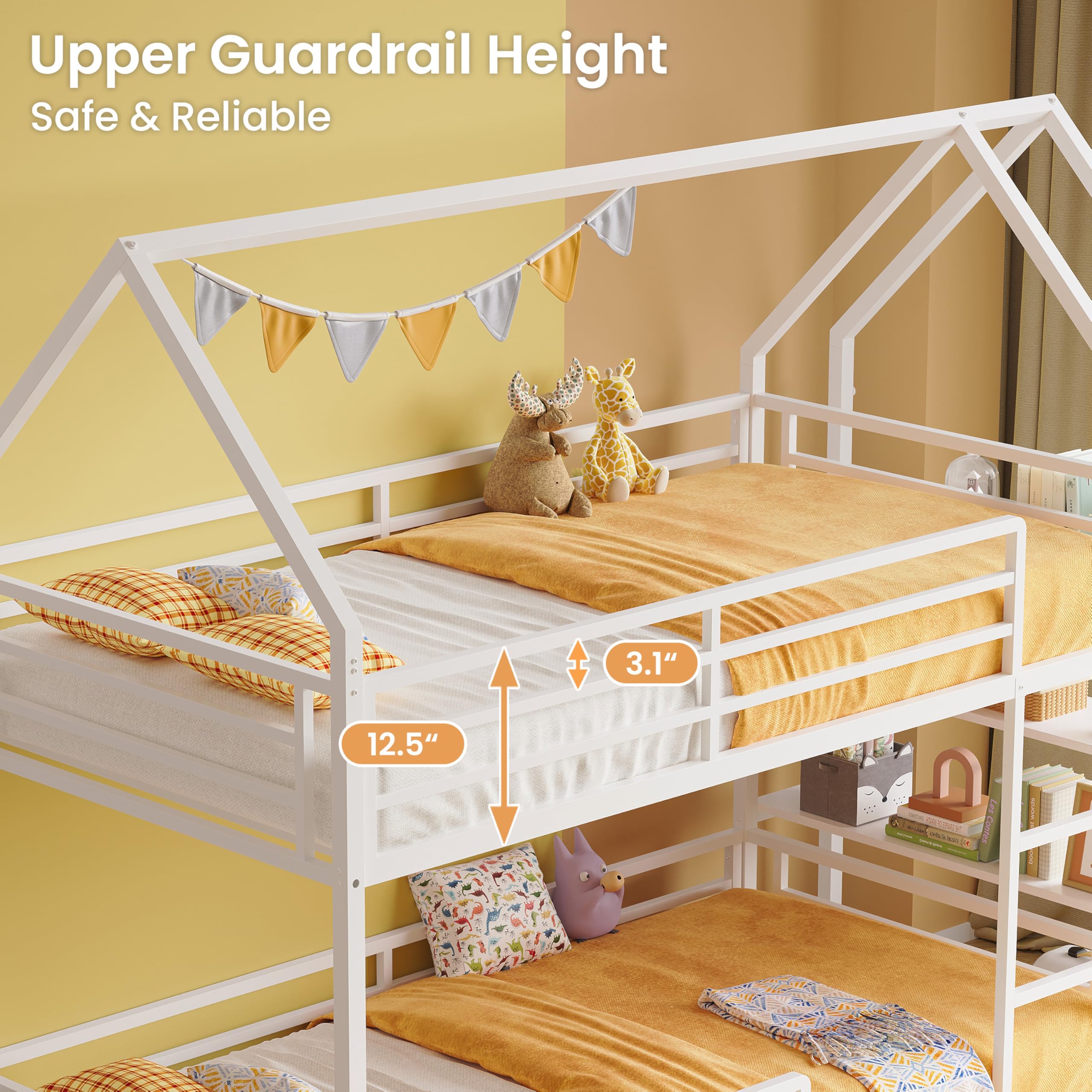 LIKIMIO Bunk Bed Twin Over Twin, Twin Bunk Beds Frame with 3-Tier Storage Bookshelf, Metal Twin House Bed Ladder and Safety Guardrail, Space Saving for Apartment or Dorm, No Box Spring Needed, White