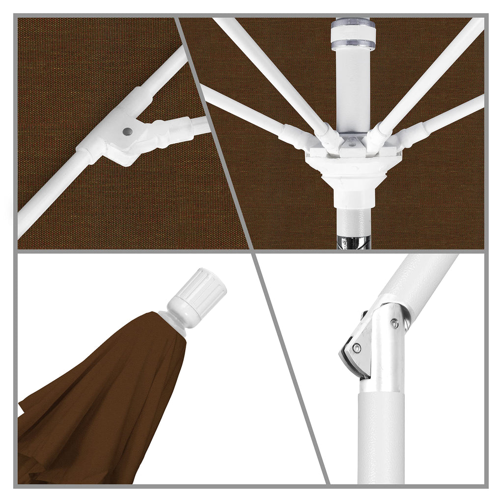 California Umbrella 9' Round Aluminum Pole Fiberglass Rib Market Umbrella, Crank Lift, Collar Tilt, White Pole, Teak Olefin