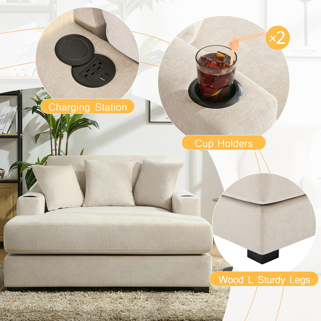 Merax Modern 55" Chaise Lounge with Pillow, Charge Station & Cup Holders,Upholstered Sofa Recliner Chair for Living Room Bedroom Cream