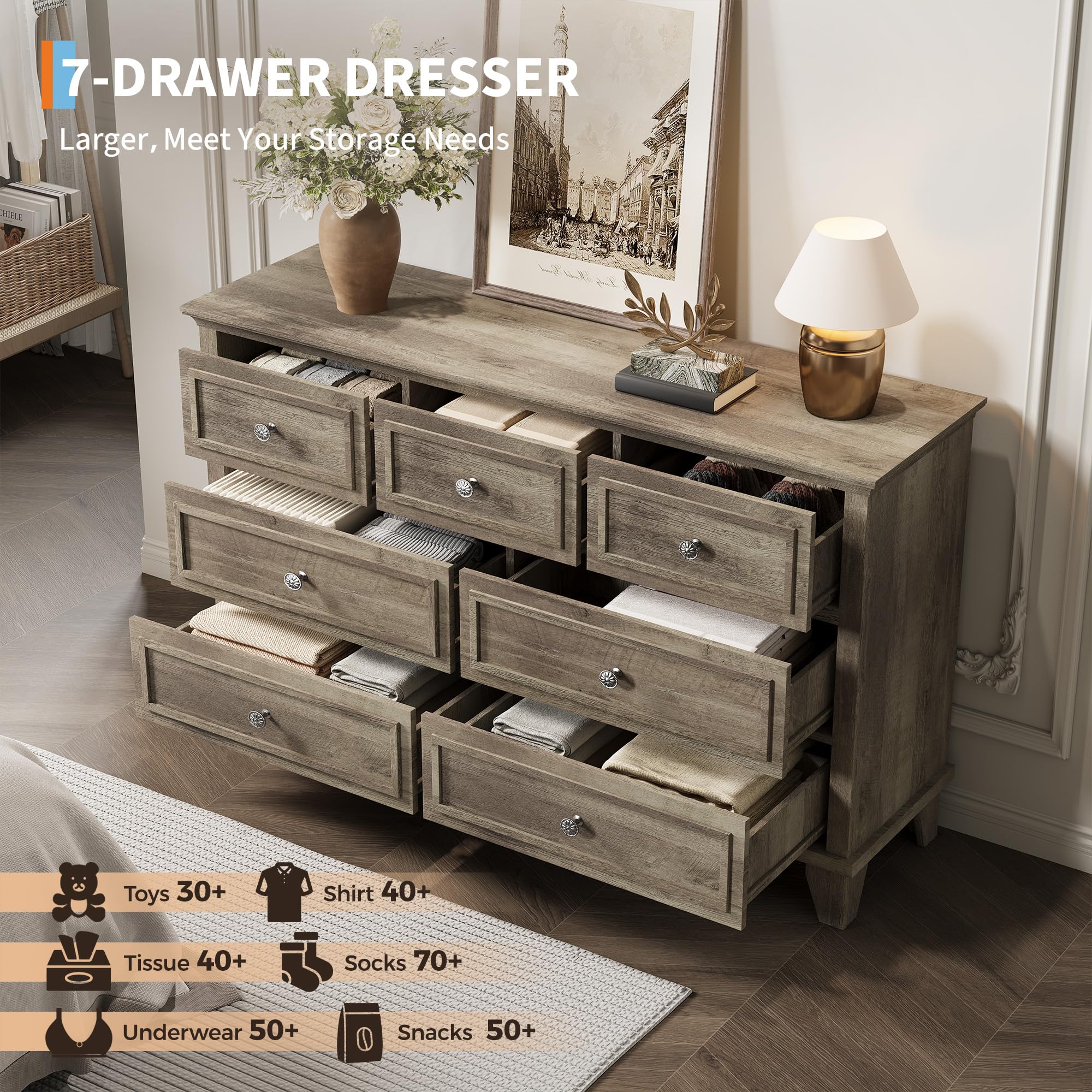 IDEALHOUSE 7 Drawer Dresser, Large Wooden Storage Chest of Drawers with Exquisite Metal Handles, 47" Wide Dresser TV Stand, Drawer Organizer for Bedroom, Living Room, Hallway, Entryway, Grey