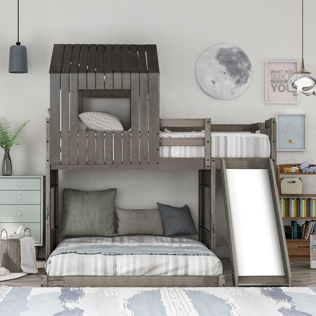 Twin Over Full Bunk Bed Frames Loft Bed with Slide, House Roof, Window and Safety Guardrails for Teens, Boys or Girls