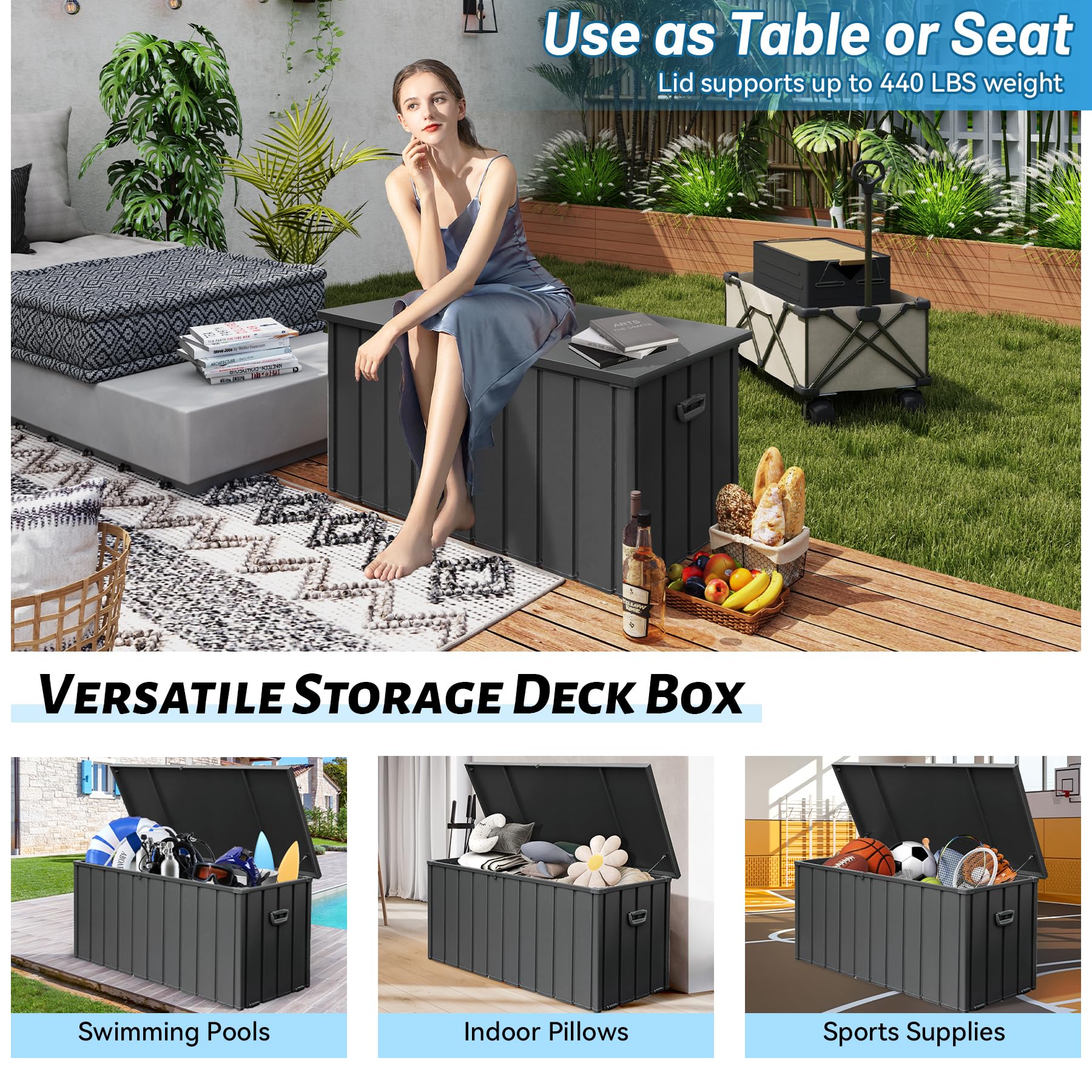 SHPAI 190 Gallon Metal Deck Box, Waterproof Steel Outdoor Box, Large Patio Furniture Storage Cabinet, Lockable Storage Bench for Porch Package Delivery, Pillows, Cushions, Pool, Tools, Backyard, Grey