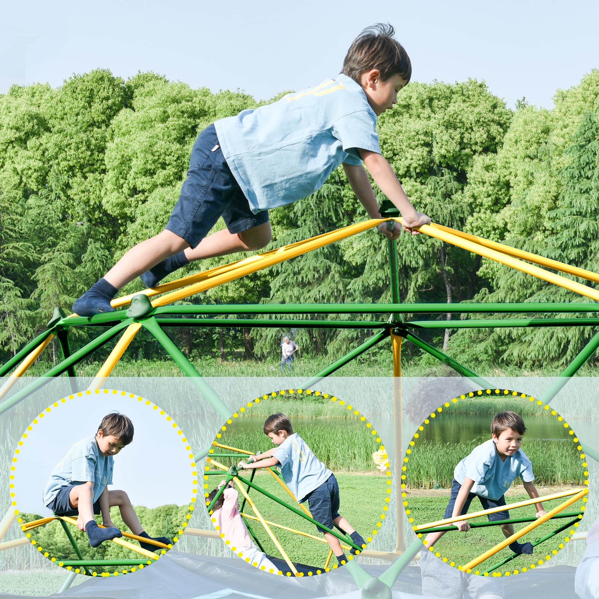 13ft Large Kids Climbing Dome Geometric Jungle Gym Play Structure with 1000 LB Capacity Green & Yellow Outdoor Play Equipment for Backyard Weather-Resistant Steel Frame