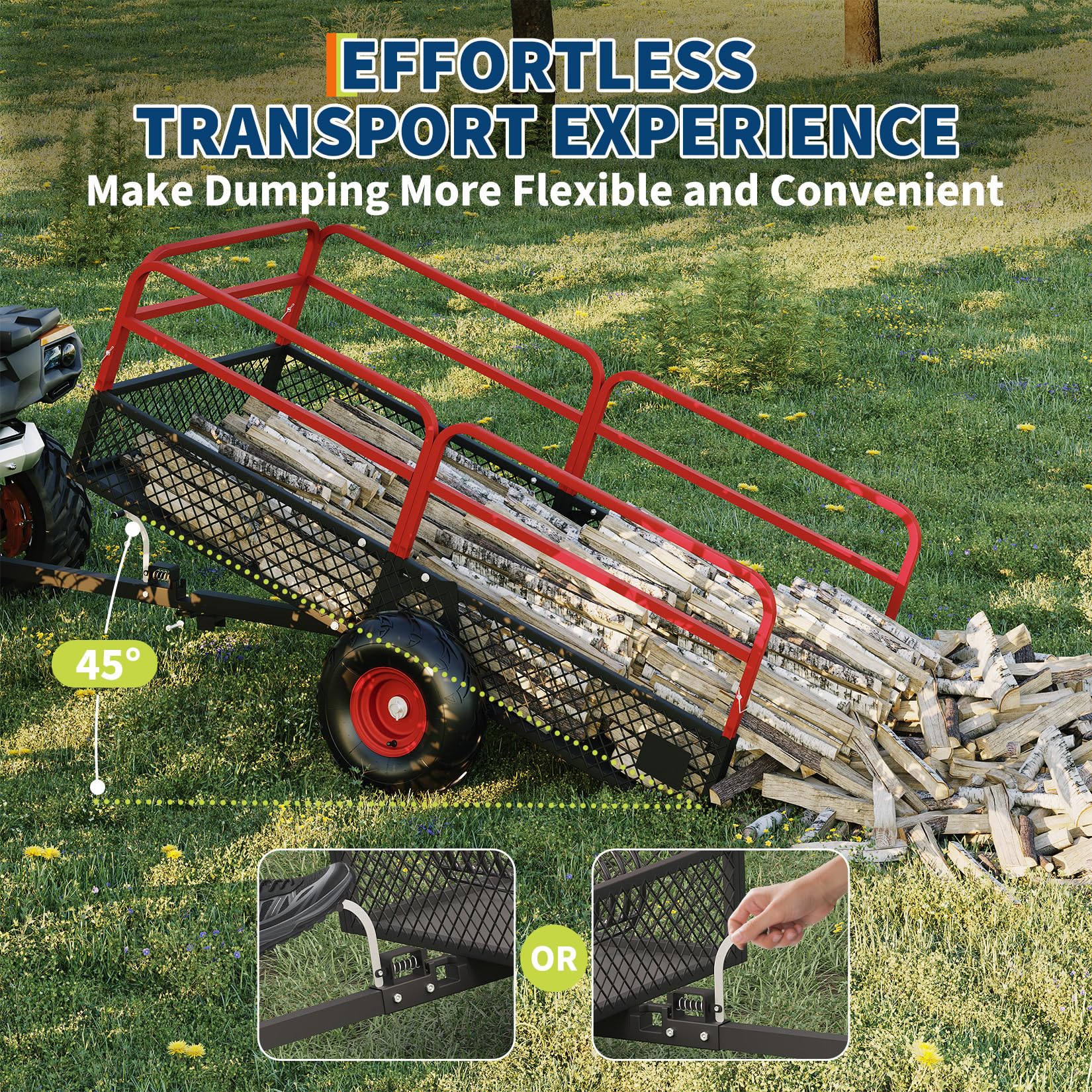 PeakPursuit Tow Behind Steel Dump Cart, Heavy Duty Yard Garden Trailer with Removable Sides & All Terrain Tires, Fits Lawn Mower, Tractor, Garden Cart, 1600 lbs 22 Cubic Feet, Red