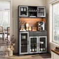 Fatmok 71" Tall Pantry Cabinet with Glass Doors, Kitchen Hutch Storage Cabinet, Coffee Bar & Liquor Cabinet with Charging Station & LED Lights, Wine Rack, Adjustable Shelves＆Large Drawer, Grey
