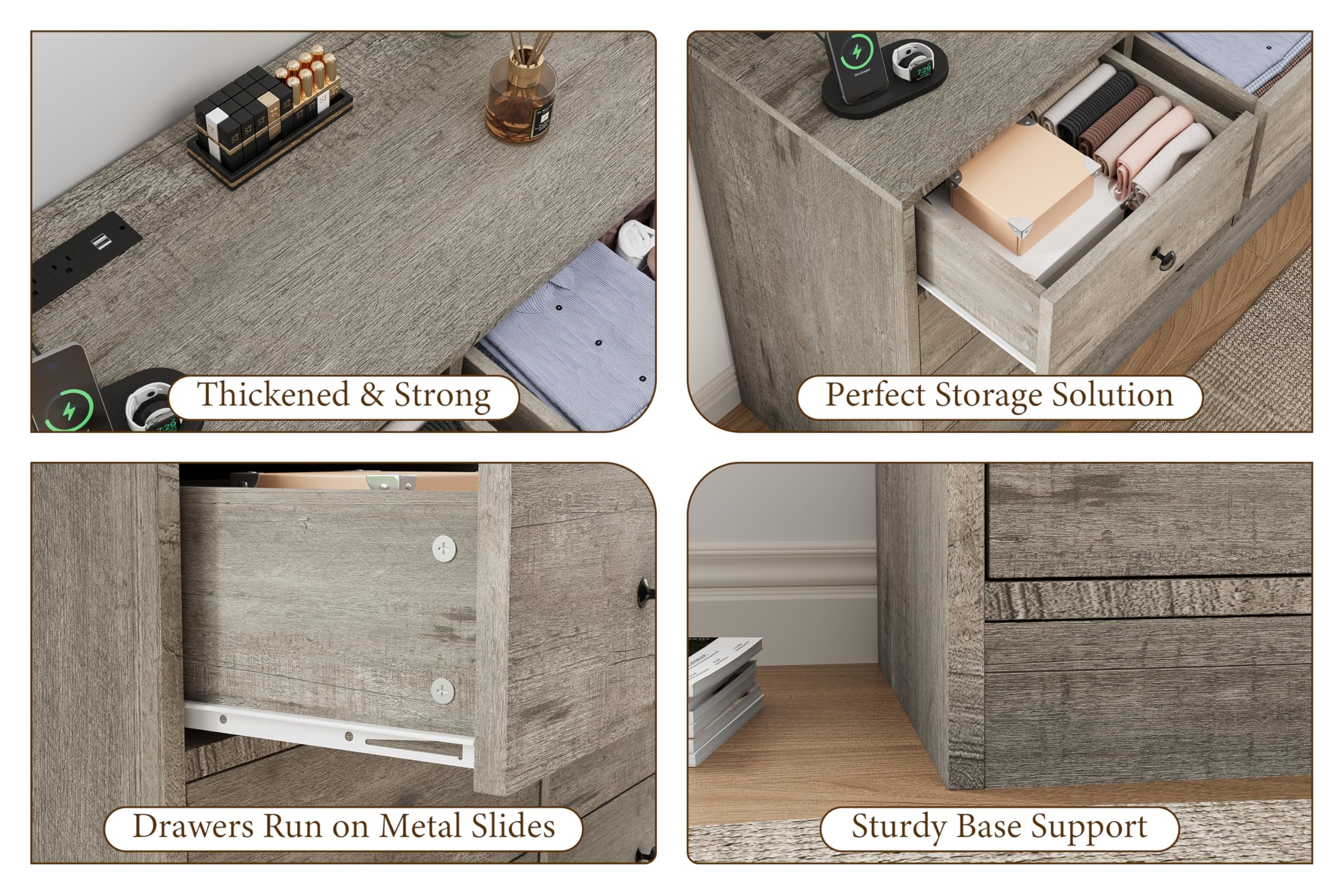 Hetoy 12 Drawer Wooden Dressers with Charging Station – Gray Wood Chest of Drawers for Bedroom, Closet, Living Room, 61" Wide TV Stand Dresser, Modern Storage Organizer for Nursery, Hallway