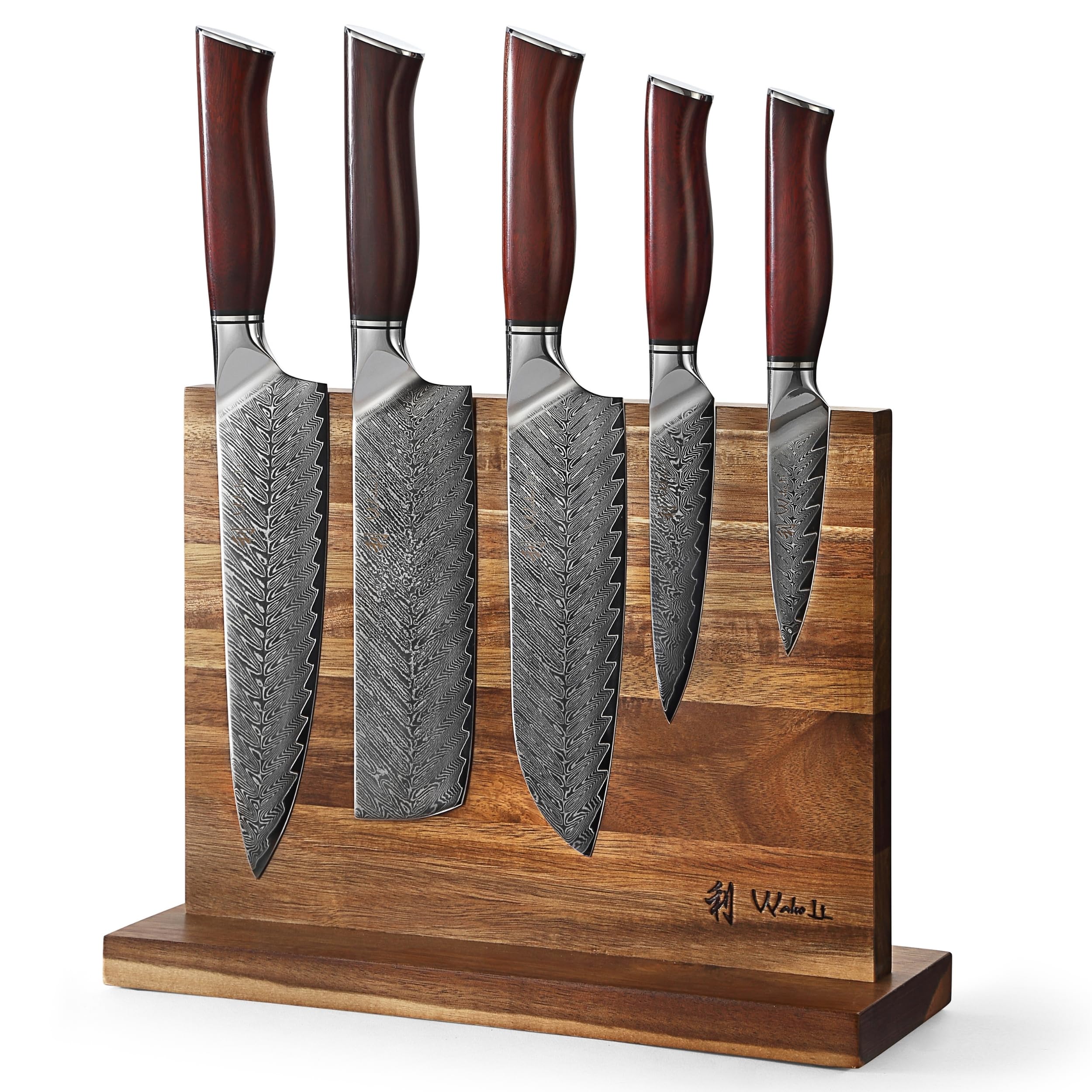 Wakoli Rose Elegance Knife Block Set – 5-Piece Professional Damascus Kitchen Knife Set with Magnetic Block – 67-Layer Damascus Steel with VG10 Core, Ergonomic Rosewood Handles in Gift Box