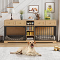 Garvee Double Dog Crate Furniture, 82'' Large Dog Kennel Indoor with 4 Drawers and Shelves, Heavy Duty Wooden Dog Crate TV Stand for 2 Large Medium Dogs, Natural
