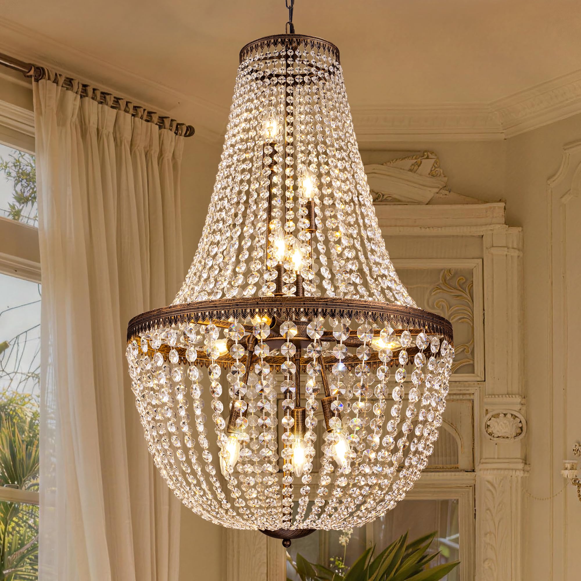Wellmet French Empire Crystal Chandelier Farmhouse Antique Bronze Chandeliers Light Fixture, 10 Lights Adjustable Pendant Light for Dining Living Room, Bedroom, Entryway, Kitchen, Foyer, 25.4" W