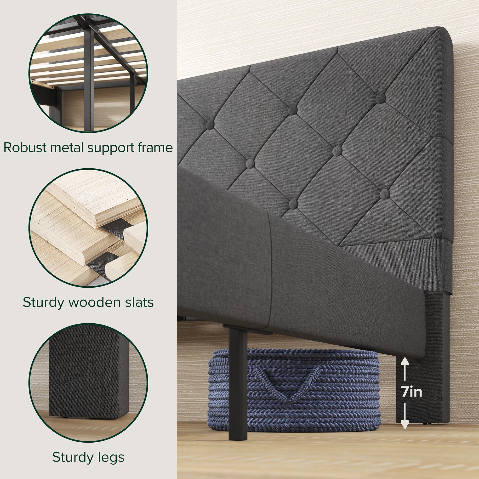 Zinus King Shalini Upholstered Platform Bed Frame with Headboard [New WonderBox(TM) Version], Wooden Slat Support, No Box Spring Needed, Easy Assembly, Eco Friendly Packaging, Dark Grey