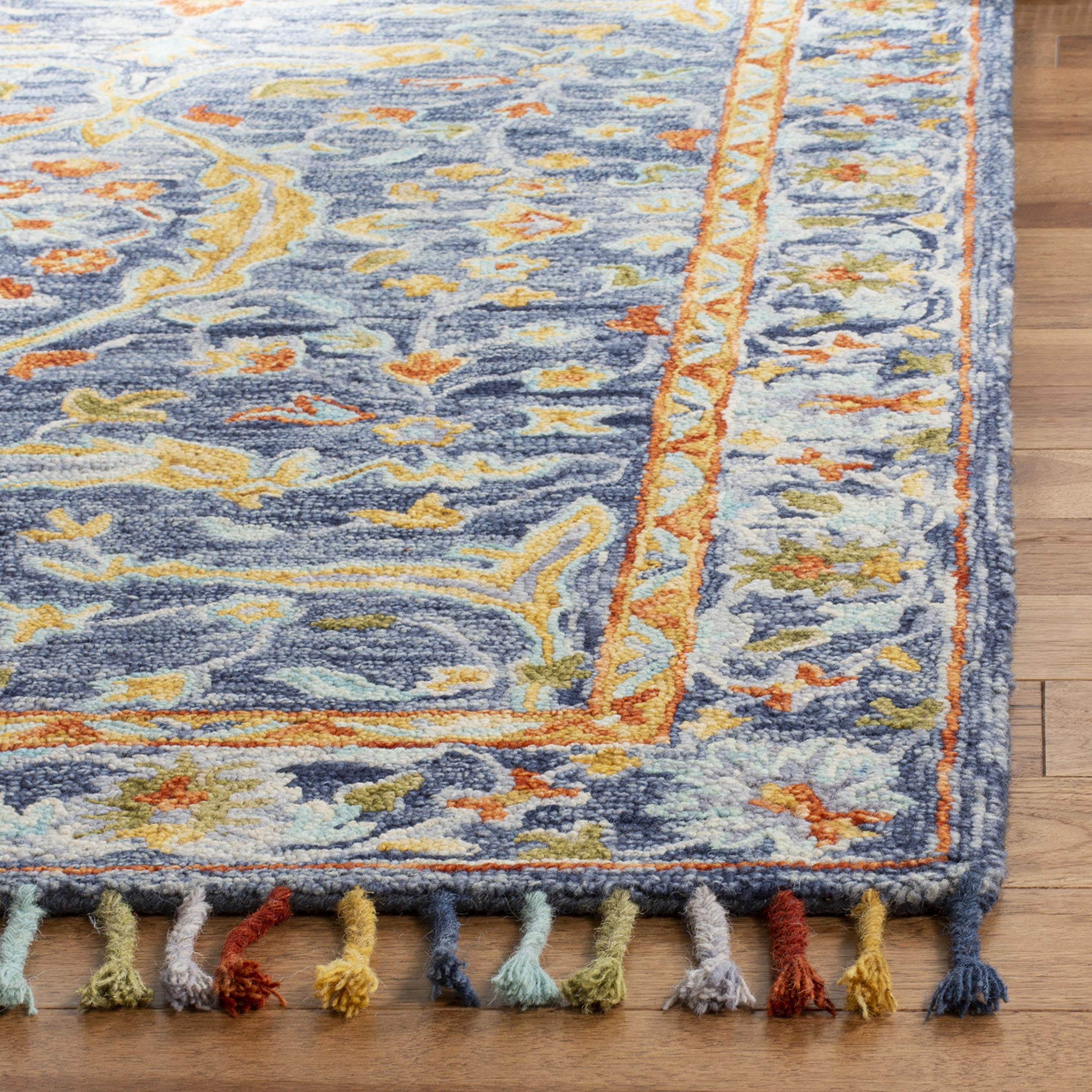 SAFAVIEH Area Rug 8x10 - Aspen Collection - Large - Blue & Rust, Handmade Wool, Boho Braided Tassel Design, Ideal for Living Room, Bedroom, Office, Dining Space (APN116M)