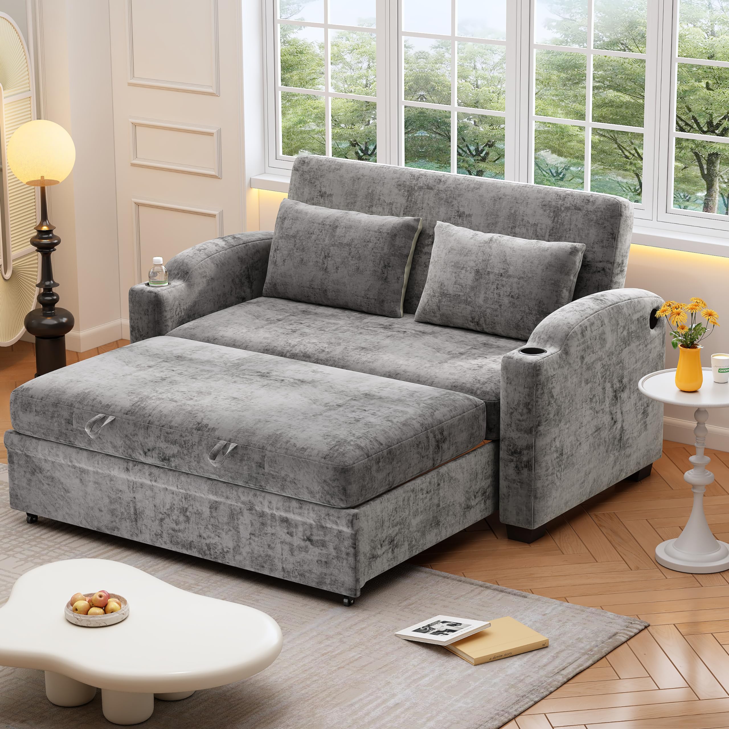 GDFStudio Pull Out Sofa Bed with USB Ports and Cup Holders, 3-Position Adjustable Backrest Chenille Loveseat, Sturdy Frame Compact Couch for Living Room Apartment Guest Bed, Gray