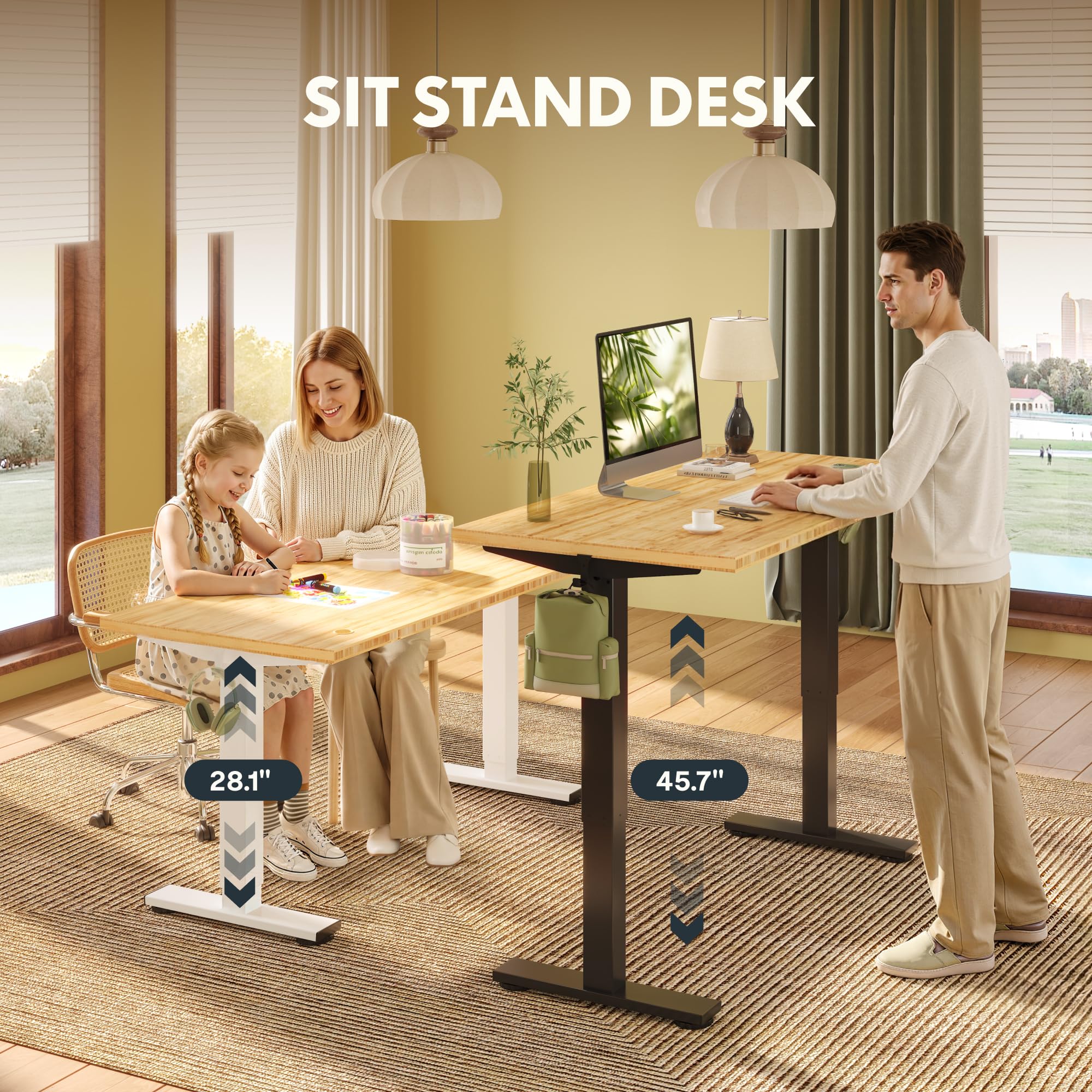 FLEXISPOT Solid Wood Standing Desk, One-Piece Real Wood Desktop, Electric Height Adjustable Desk for Home Office, 176 LBS Capacity (60"x30" Curved Bamboo, Silver Frame)
