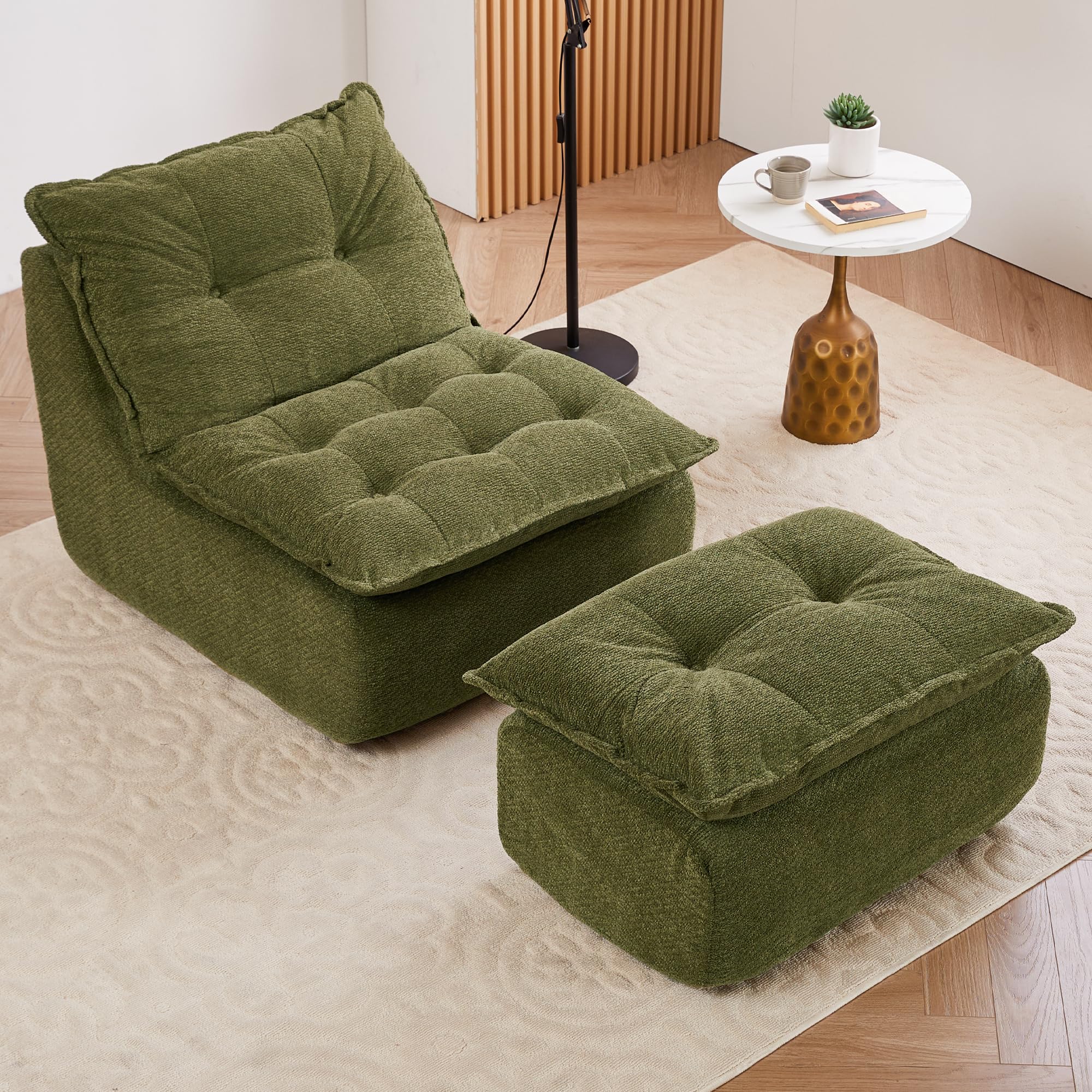 ENYLAY Single Chaise Lounge Chair, 62.2" Lazy Sofa Bean Bag Chair with Ottoman – Modern Boneless Floor Lounger for Bedroom or Living Room, Cozy Cloud Sleeper (Green)