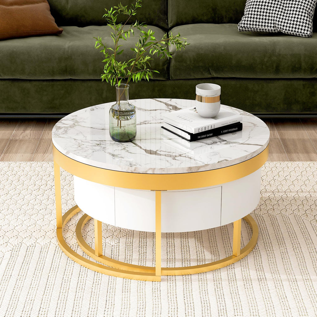 Merax 2-Piece Round Nesting Coffee Table Set with 2 Large Drawers, Marble Finish Tops & Ample Hidden Storage, Space Saving Modern Accent End Tables for Living Room, Apartment, White+Golden
