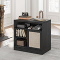Perledesign Rattan File Cabinet with Door, 32'' Lateral File Cabinet with Open Adjustable Shelves, Wood Filing Cabinet with Sliding Door for Home Office, Black