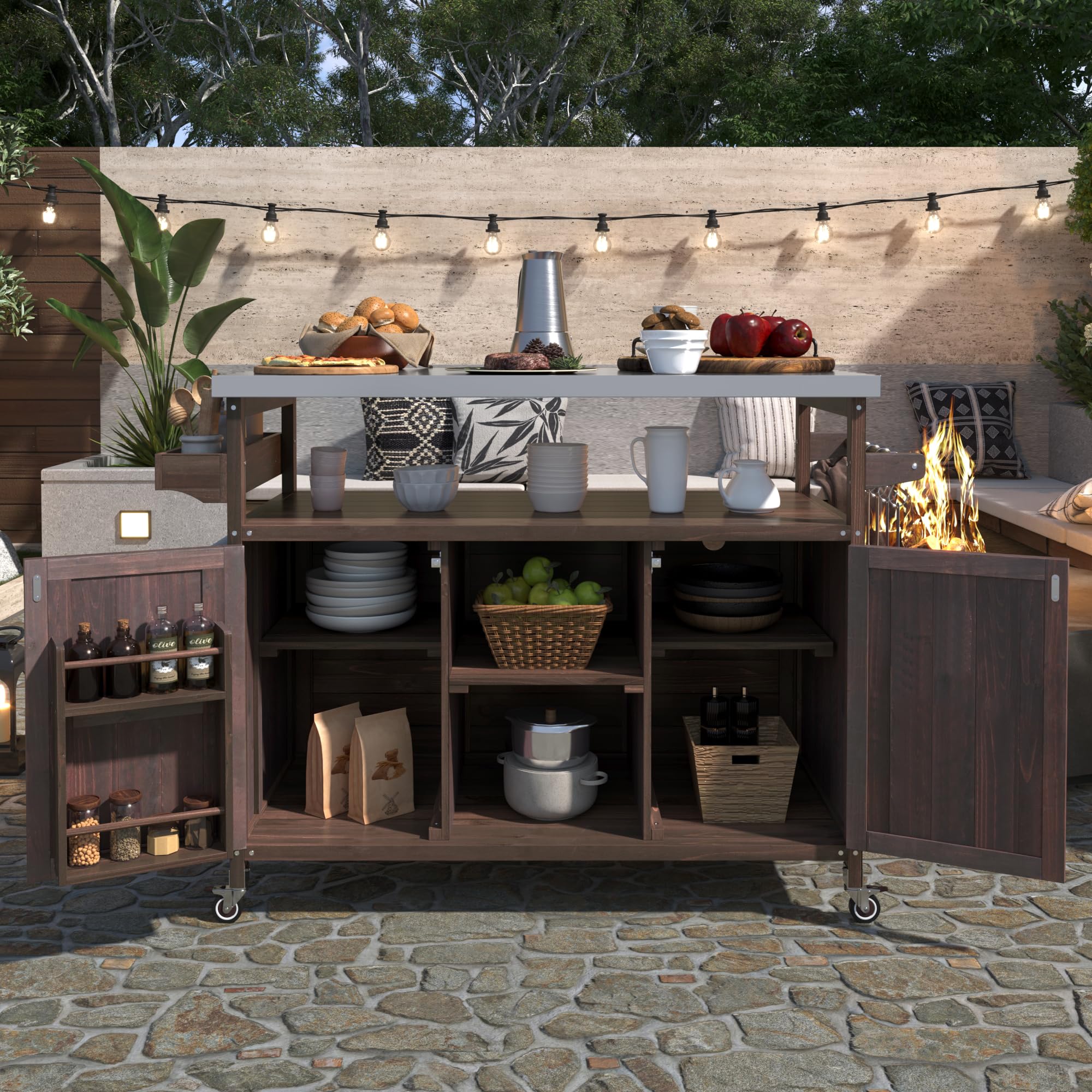 Merax 50" Outdoor Kitchen Grill Cart Island on Wheels with Stainless Steel Top,Farmhouse Style Solid Wood Frame Storage Cabinet for Backyard