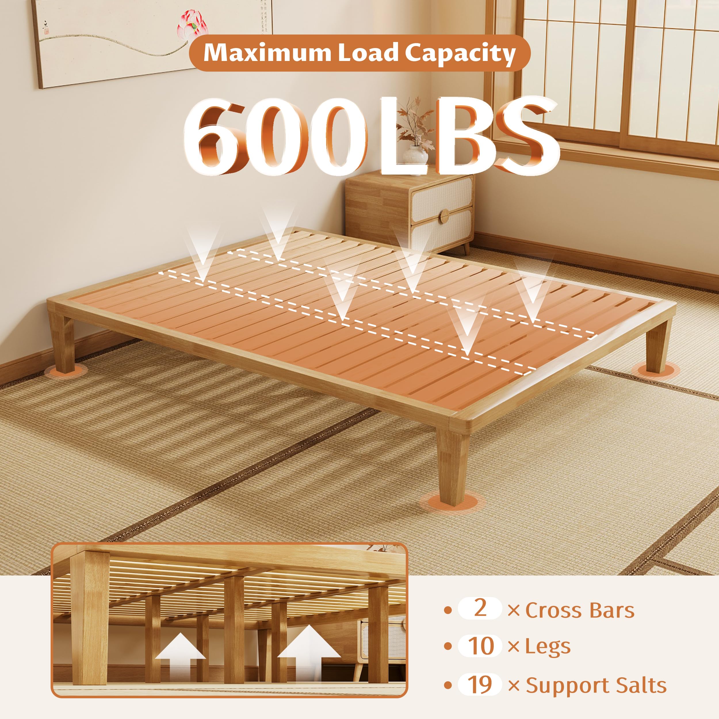 IOTXY Queen Platform Bed Frame - 12 Inch Solid Wood Mattress Foundation Base with Heavy-Duty Support Slats & Legs, Rubberwood Queen-Size Bedframe
