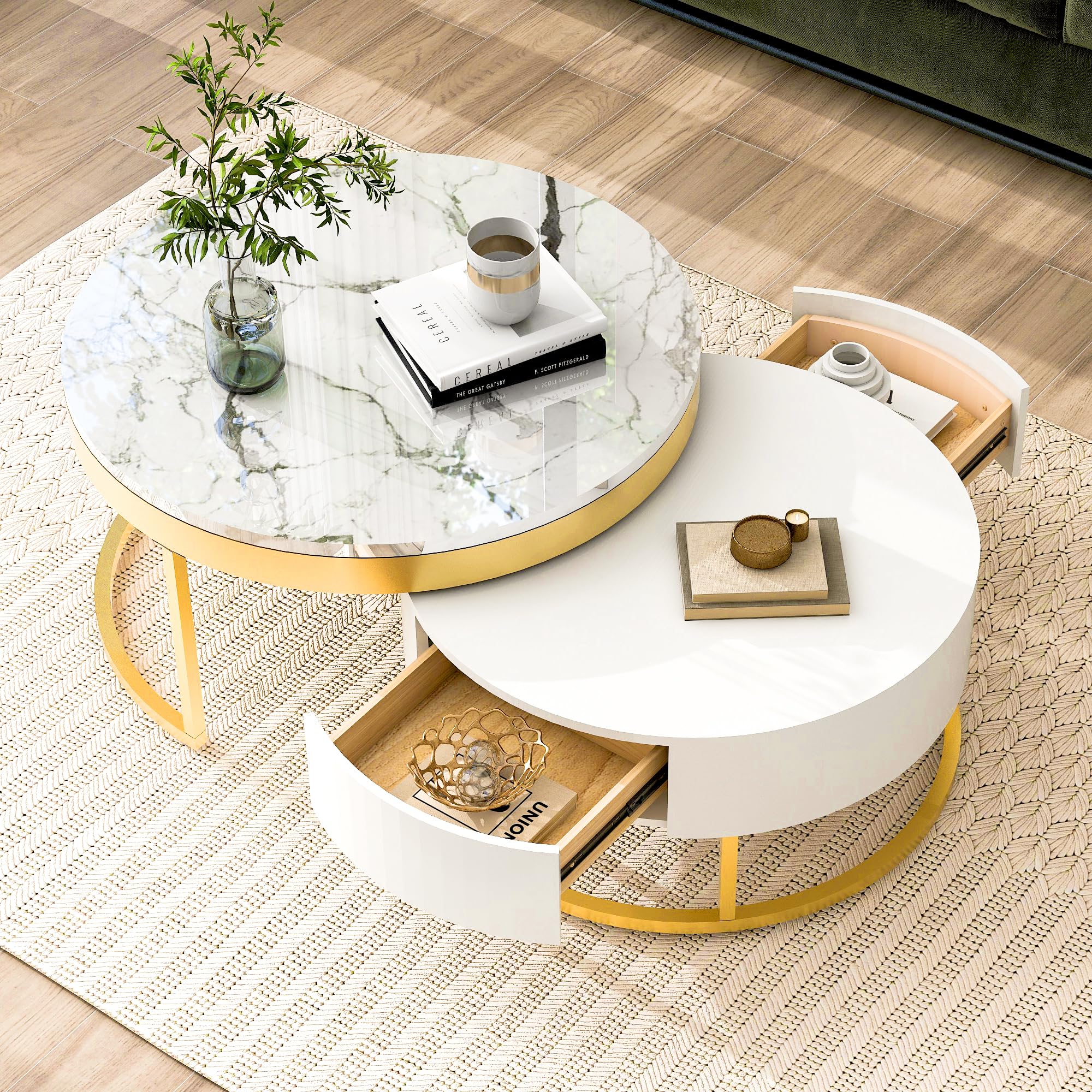 Merax 2-Piece Round Nesting Coffee Table Set with 2 Large Drawers, Marble Finish Tops & Ample Hidden Storage, Space Saving Modern Accent End Tables for Living Room, Apartment, White+Golden