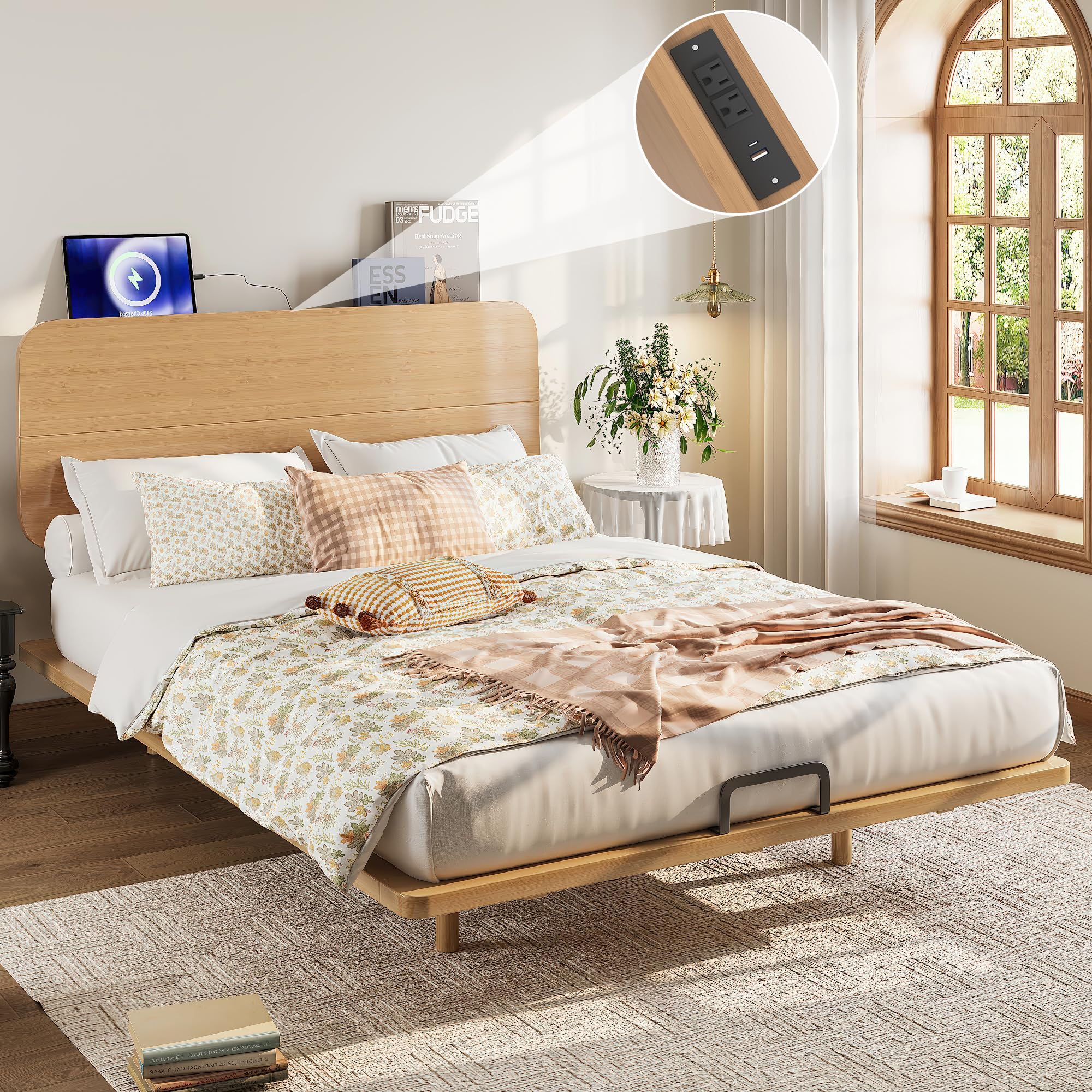 Bellemave Queen Size Bamboo Bed Frame with Headboard,Bamboo Floating Platform Bed Frame Queen Size with Charging Station and Wood Slats,Easy Assembly,Natural