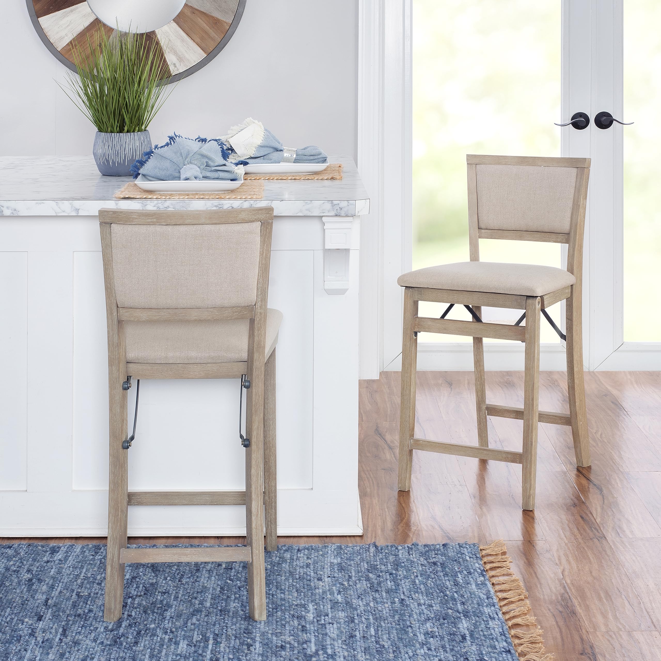 Linon Keira Natural Rustic Wooden Folding 25 Inch Seat Height Counter Stool with Beige Upholstered Seat and Back