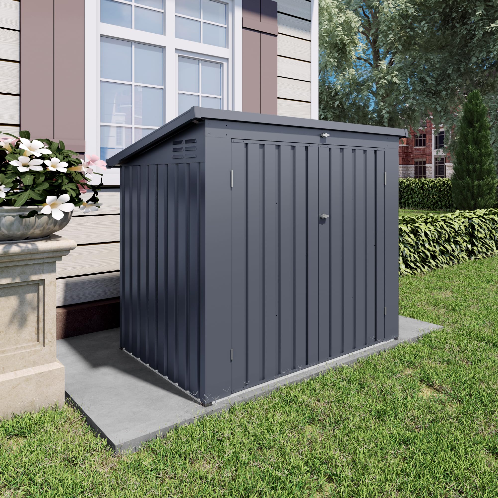Outdoor Storage Shed with Dual Doors & Removable Top Lid, Metal Garden Tool Shed, Weather Resistant Waterproof Trash Can Bike Storage Organizer with Ventilation Sloped Roof Yard Utility Box