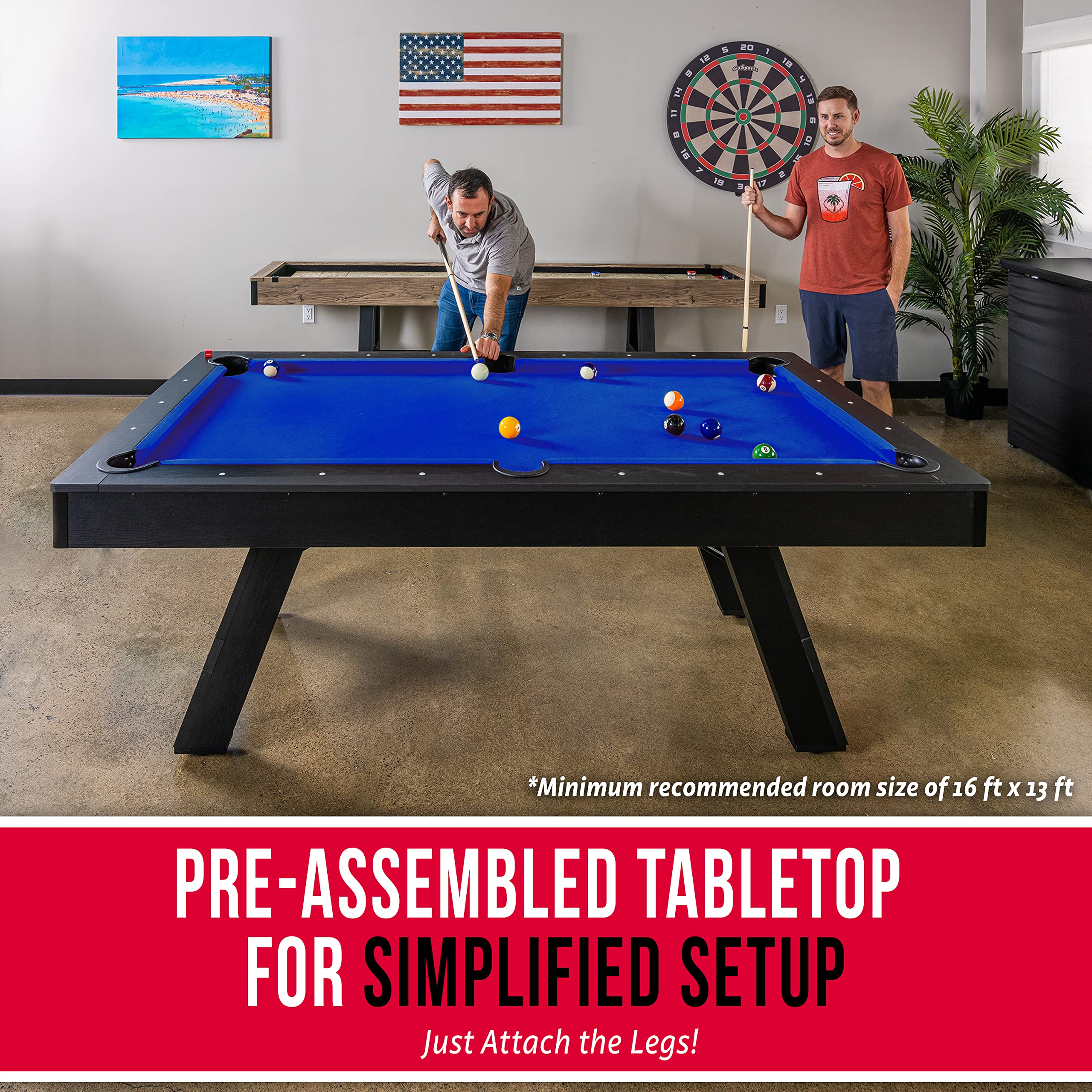 GoSports 7 ft Pool Table with Wood Finish - Modern Billiards Table with 2 Cue Sticks, Balls, Rack, Felt Brush and Chalk - Choose Your Style