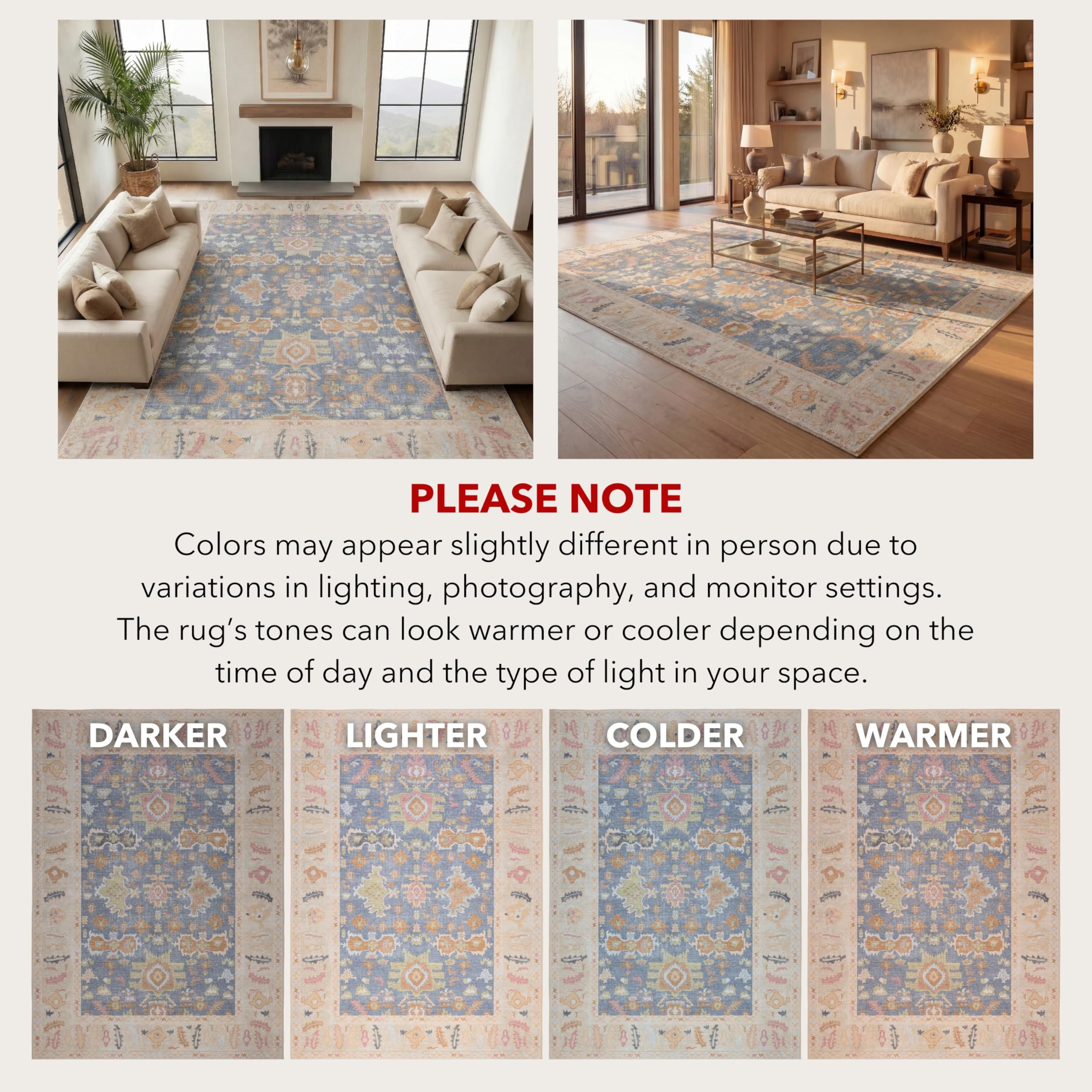 Kuden 10x14 Large Area Rug, Machine Washable Area Rug with Non-Slip Backing, Vintage Style, Soft, Easy Clean, Low Pile Rug for Living Room, Bedroom, Dining Room