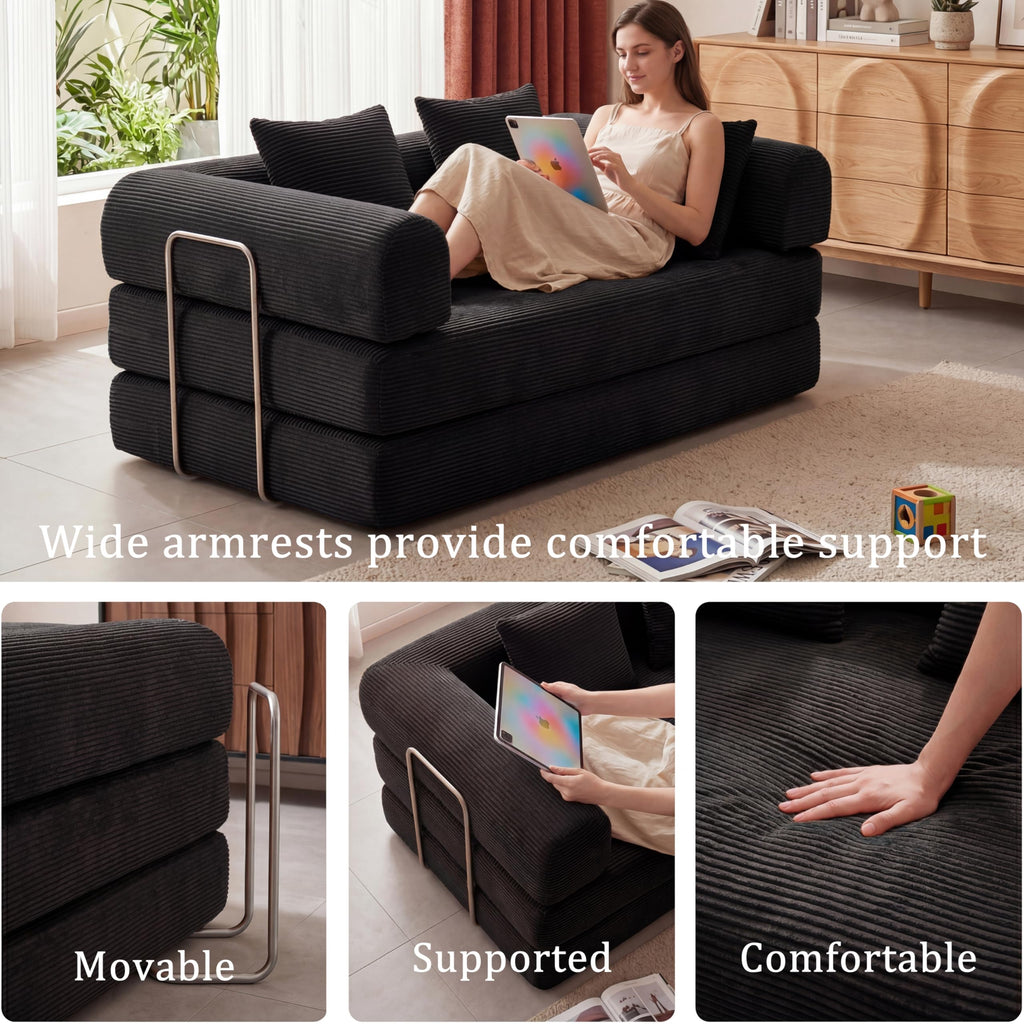 HouseMila 53.15" Boneless Couch,4-in-1 Futon Sofa Bed Modular Loveseat Sleeper Folding Compressed Couch with Pillows,No Assembly Required Convertible Sofa Bed for Living Room Bedroom Guest Room,Black