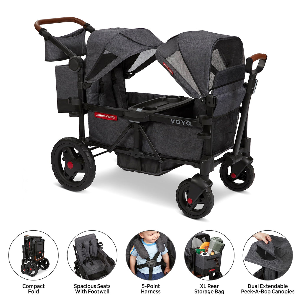 Radio Flyer Voya Stroller Wagon, for Toddlers and Kids 6+ Months, Push or Pull, 2 Seats, Dual Sun Canopies, Compact Fold, Lightweight, Storage Space, 5-Point Harnesses, Stroller Wagon for Kids