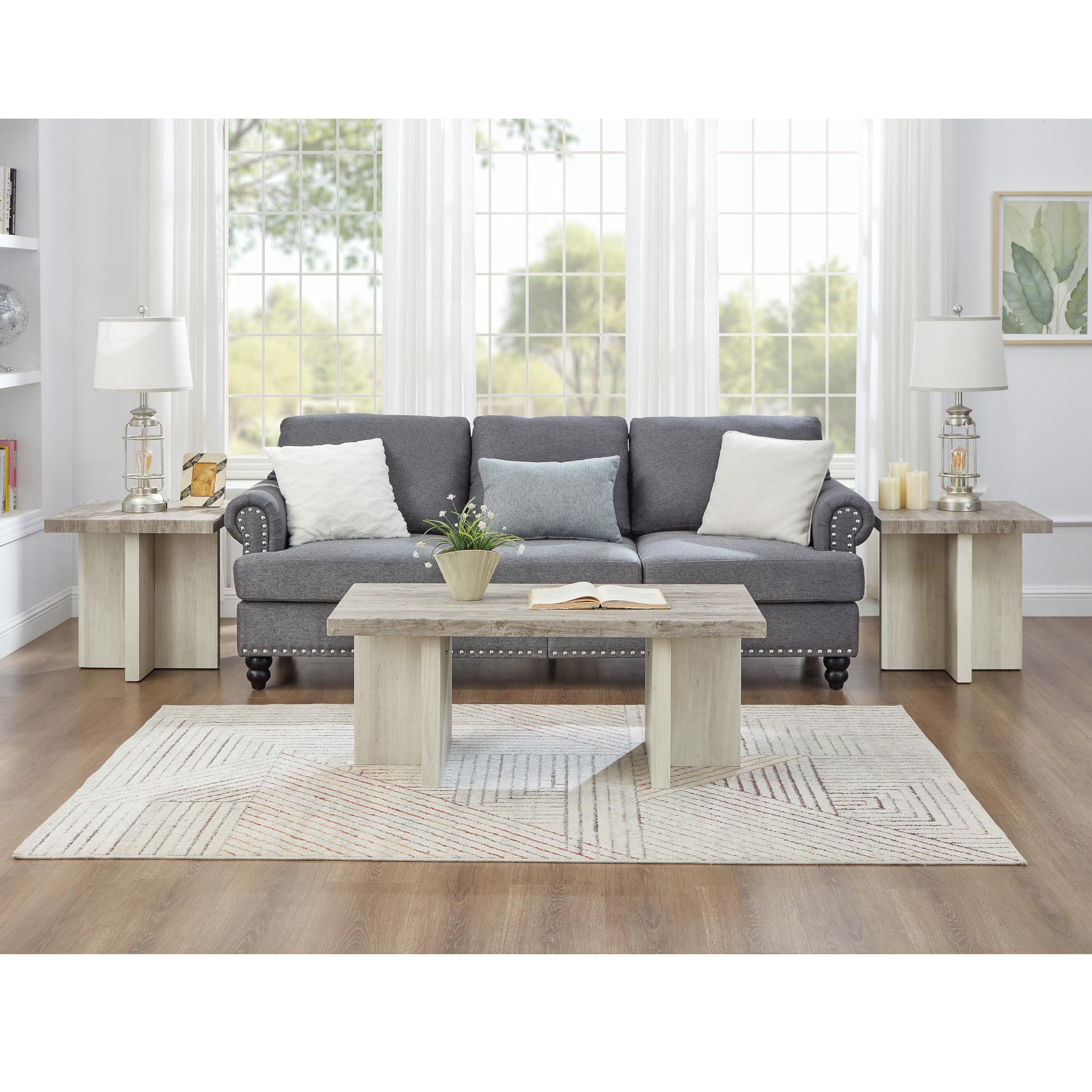 Roundhill Furniture Mchome 3-Piece Coffee Table Set, Coffee Table and Two End Tables, Weathered Gray and Beige