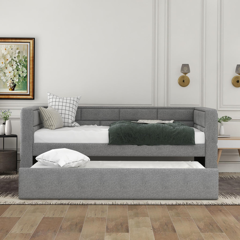GDFStudio Twin Upholstered Daybed with Trundle, Fabric Daybed Frame with Padded Back and Sides, Pull-Out Sofa Bed for Living Room Bedroom Guest Room, Gray