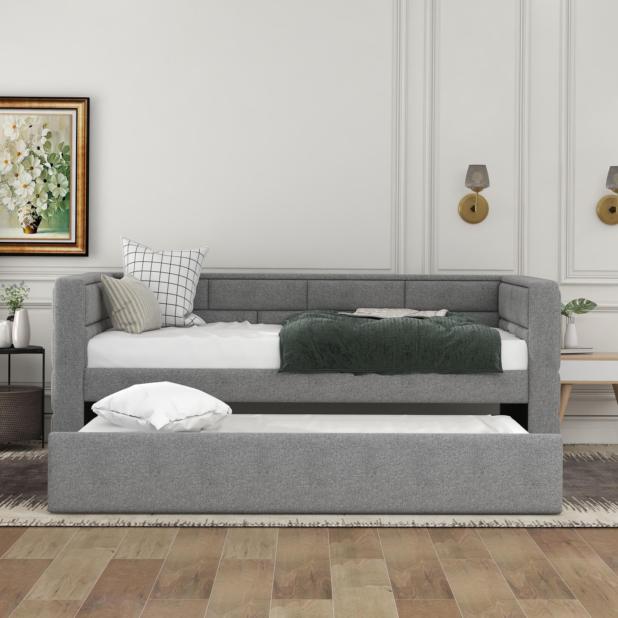 GDFStudio Twin Upholstered Daybed with Trundle, Fabric Daybed Frame with Padded Back and Sides, Pull-Out Sofa Bed for Living Room Bedroom Guest Room, Gray