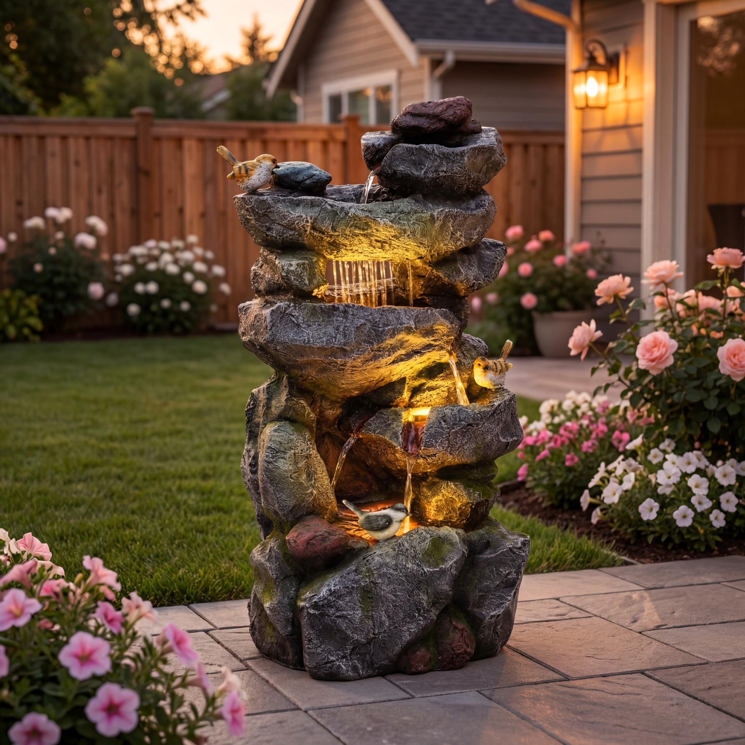 Ultym 31.5" Multi-Tier Rock Outdoor Water Fountain with LED Lights, Cascading Waterfall with Birds for Garden Patio Porch, Weather-Resistant Resin Water Feature for Tranquil Oasis