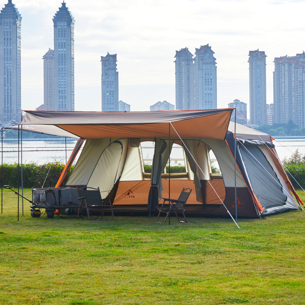 KTT Extra Large Tent 12 Person,Family Cabin Tents,Awning,2 Rooms,4 Doors and 4 Windows with Mesh,Straight Wall,Waterproof,Double Layer,Big Tent for Outdoor,Picnic,Camping,Family Gathering(Brown)