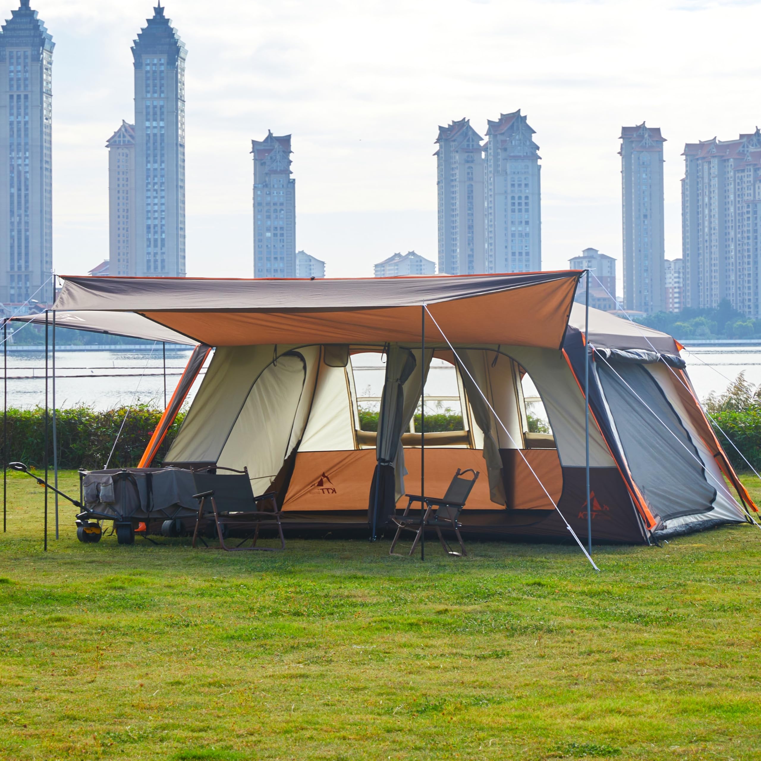 KTT Extra Large Tent 12 Person,Family Cabin Tents,Awning,2 Rooms,4 Doors and 4 Windows with Mesh,Straight Wall,Waterproof,Double Layer,Big Tent for Outdoor,Picnic,Camping,Family Gathering(Brown)