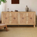 ERYE Mid-Century Modern Carved Flower 4-Door Functional Buffets Sideboard with Shelves and Metal Handles Accent Perfect for Kitchens, Dining Room, Entryway,Living Space