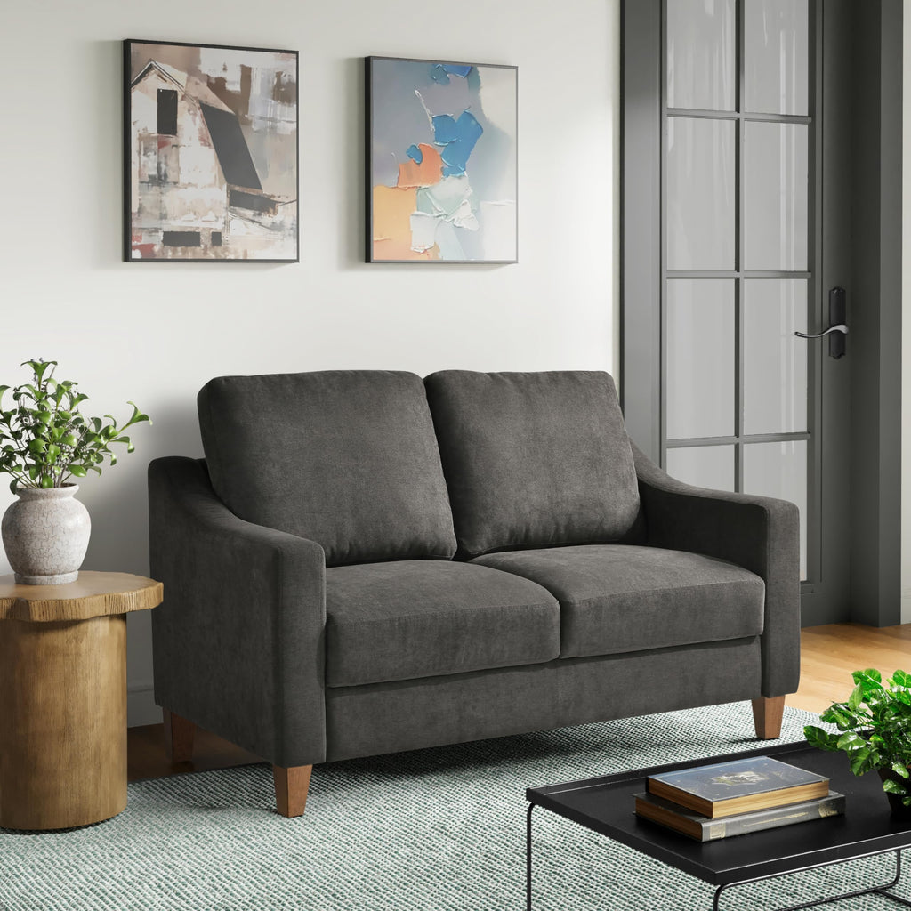 Serta® Armstrong 52" Soft Modern Sofa, Sloped Track Arms, Solid Wood Legs, Easy Assembly, Dream Coil® Comfort, Soft Woven Polyester Fabric, Gray