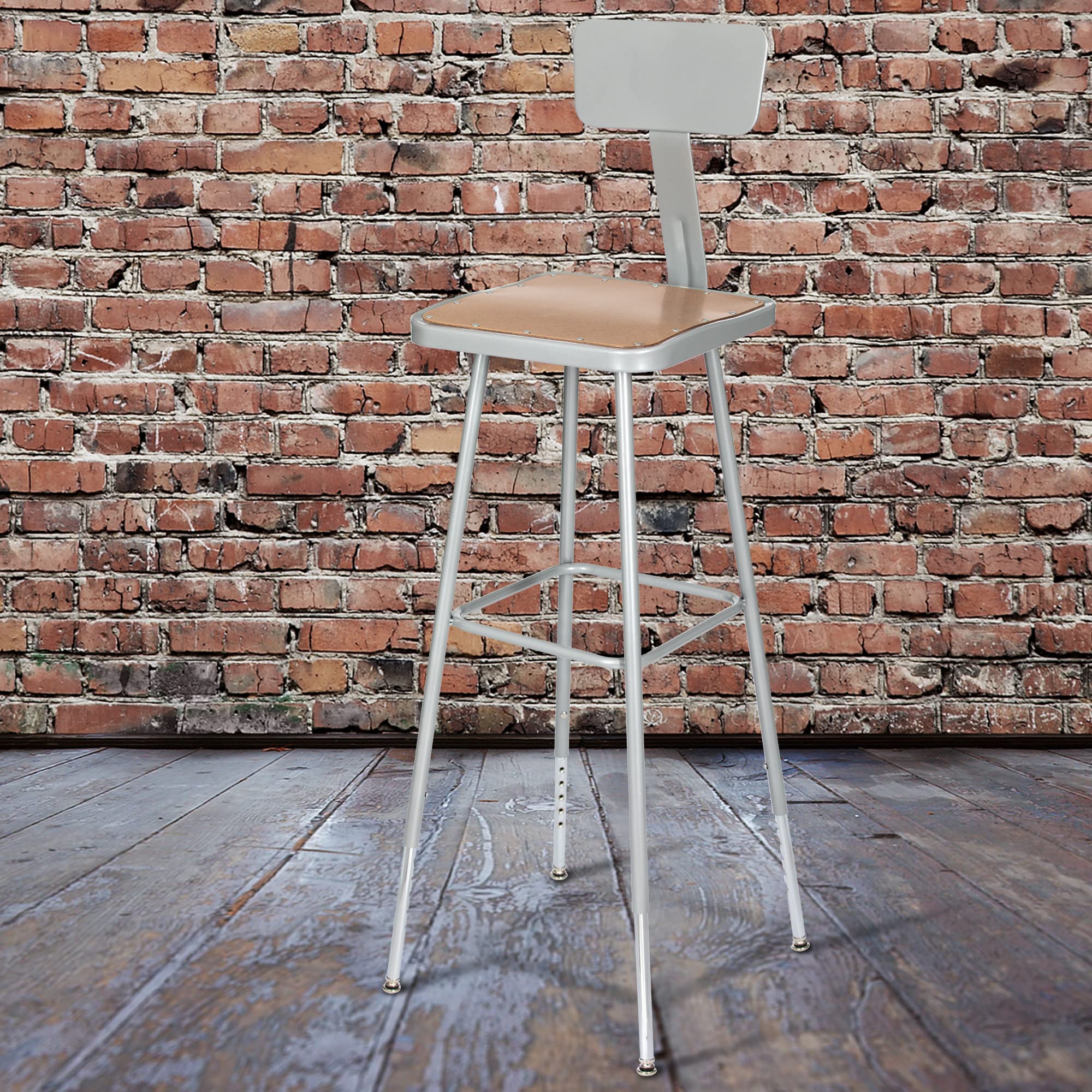 OEF Furnishings OEF6330HB/2 Premium Commercial-Grade All-Purpose Square Stool with Backrest (Height-Adjustable, 30–38 inch Range, Gray Frame, Masonite Wood Seat, 2-Pack)