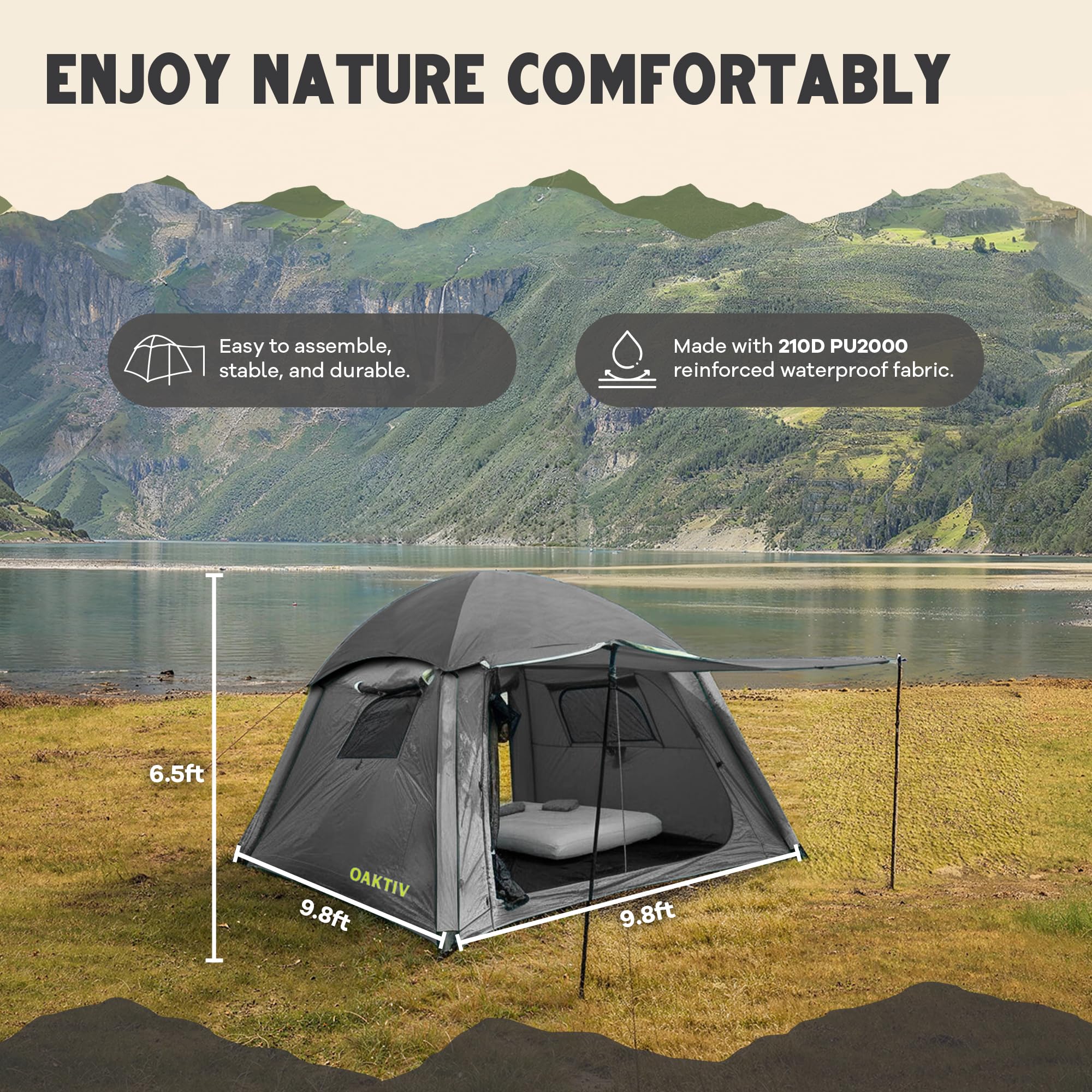 Oaktiv Inflatable Tents for Camping - CloudCamp Glamping Tent for 6 People Waterproof Oxford Fabric(210D), Quick Setup Air Tent with Manual & Battery Pump, UV Protection, 4-Season Inflatable Tent