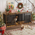 71 Inch Double Dog Crate Furniture for 2 Dogs, Heavy Duty Wooden Dog Crate TV Stand with 4 Dog Bowls, Dog Kennel Indoor Furniture Sliding Barn Door Design for Extra Large Dogs, Rustic Brown