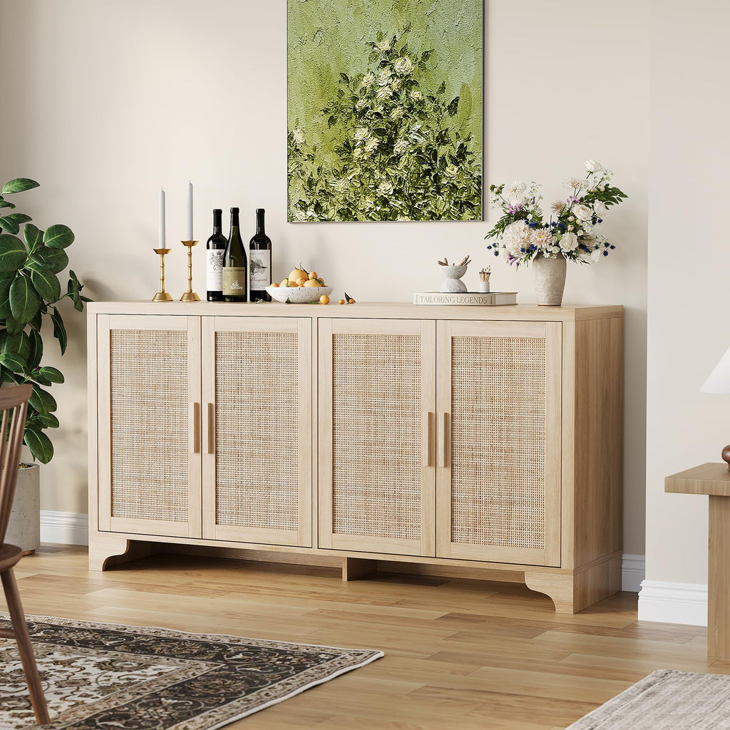 IDEALHOUSE Natural Rattan Sideboard Buffet Cabinet with Storage, Farmhouse Large Rattan Cabinet with 4 Doors, Wood Accent Coffee Bar Buffet Console Tables for Kitchen Living Room Entryway